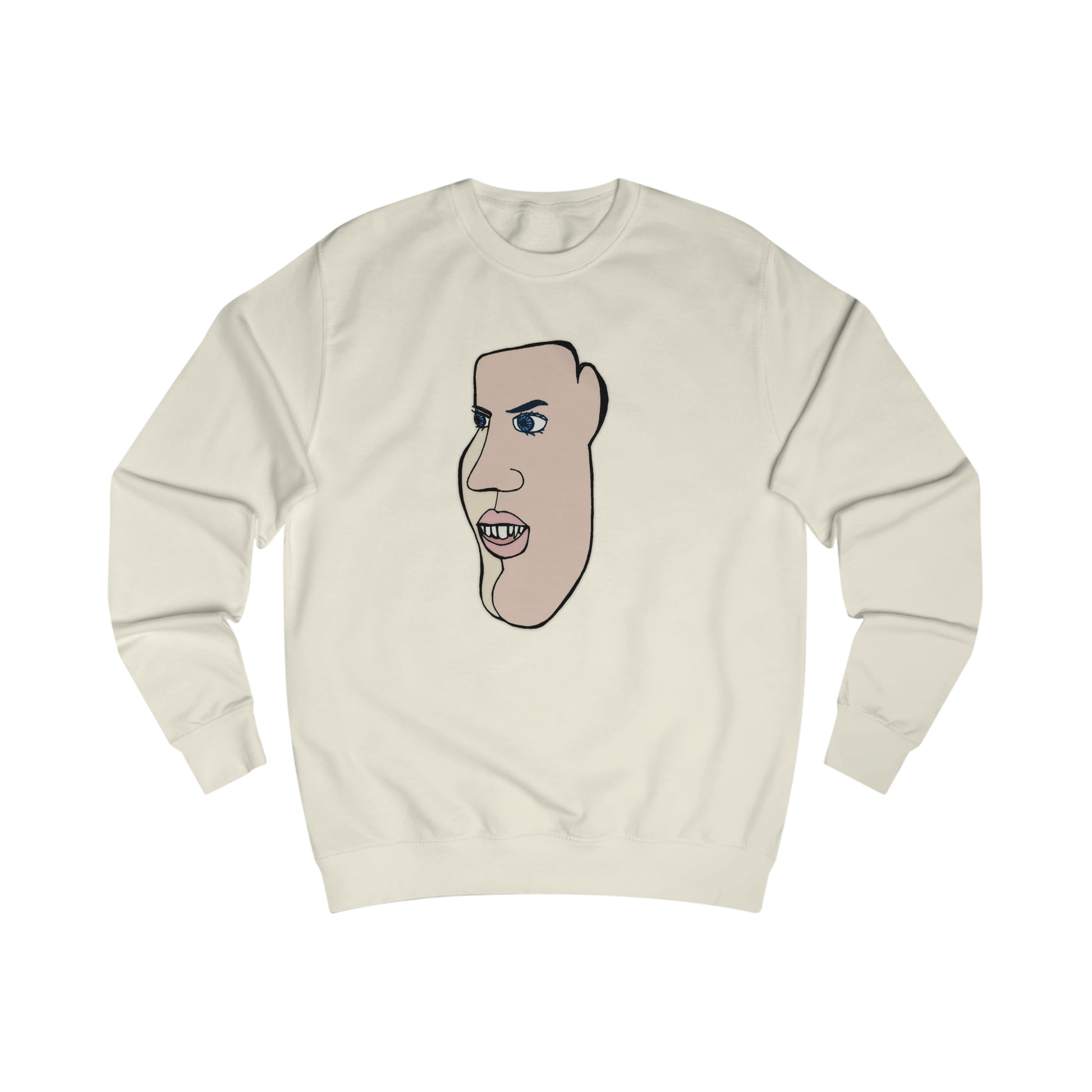 A beige men's sweatshirt with a graphic of a man's face on the front.