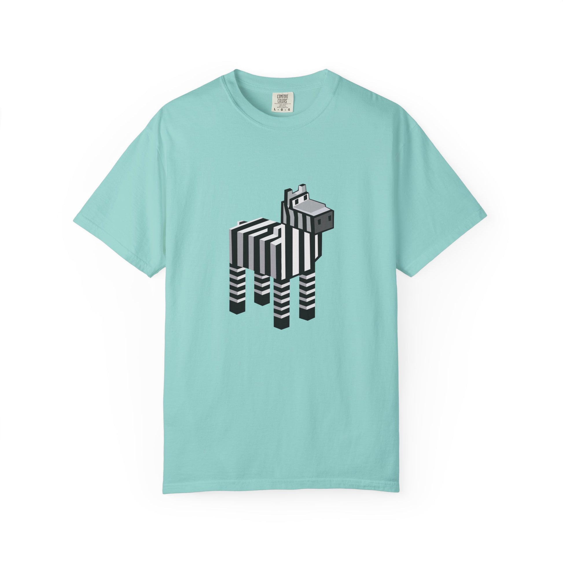 Unisex Pixel Zebra T-Shirt flat lay in light blue with pixel zebra design