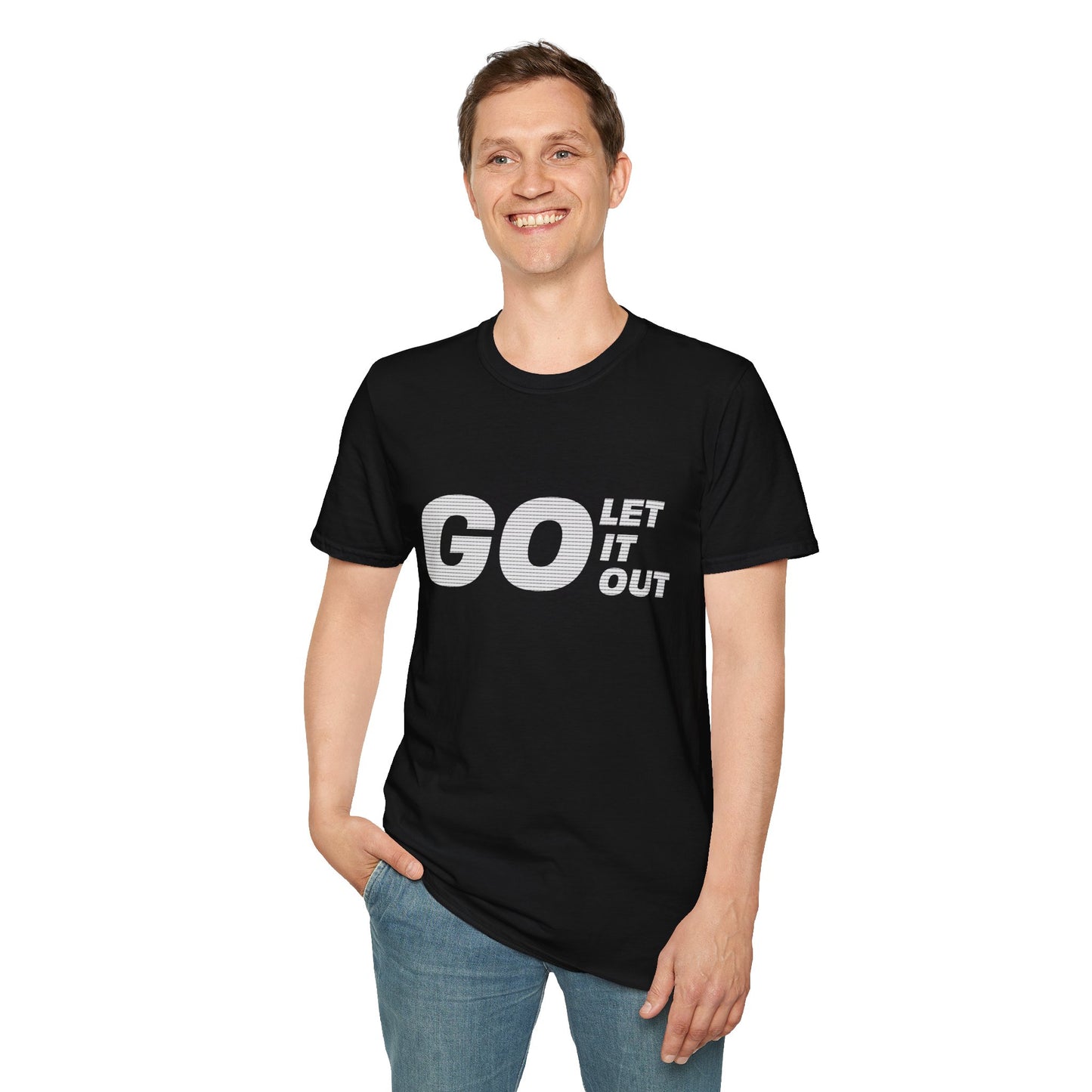 Person wearing black Oasis Go Let It Out T-shirt, standing with hands at sides
