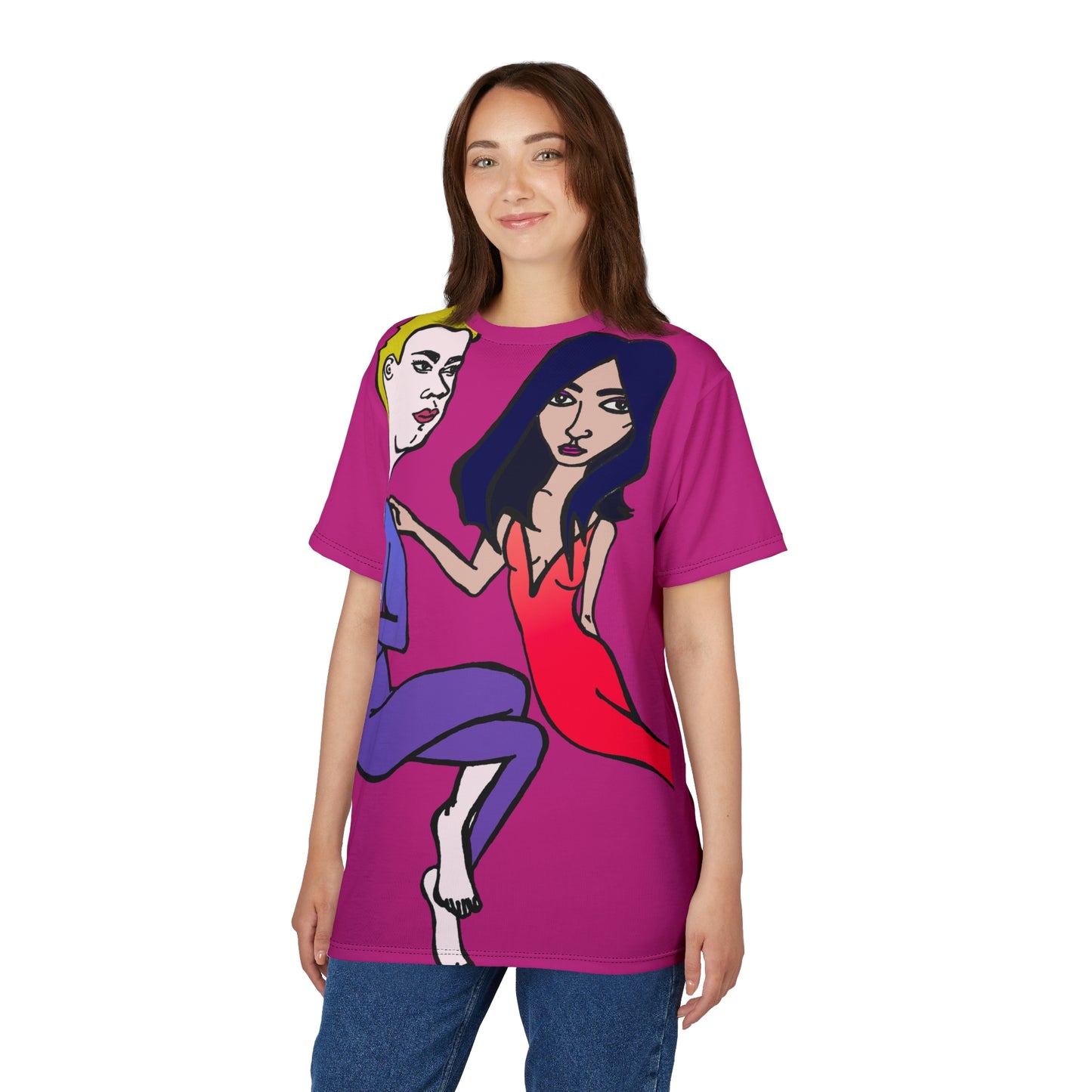 Woman modeling the Julia and Marcus hand-drawn couple tee, standing front-facing to show the full design across the torso.
