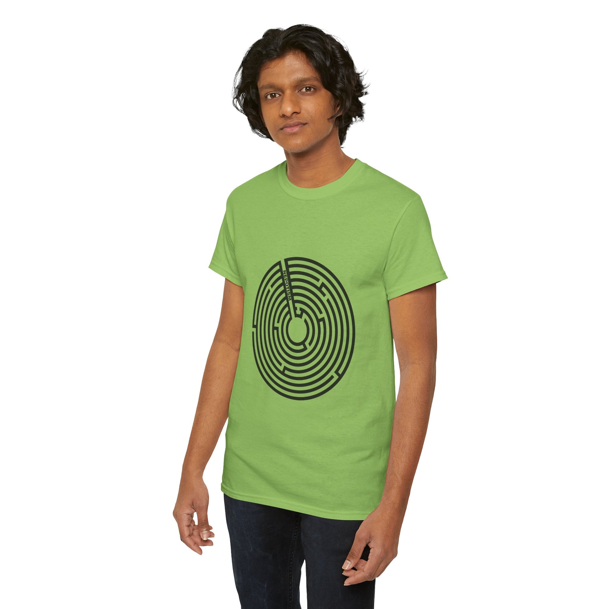 Male model in green Nepo T-Shirt with maze graphic