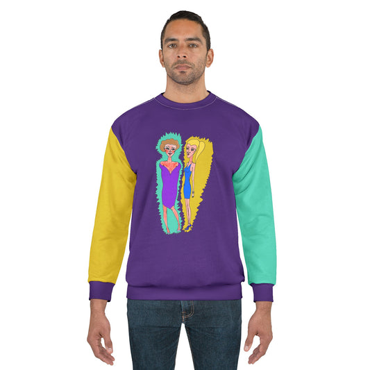 Unisex sweatshirt with colorblock sleeves—yellow on the left, mint on the right—and a vibrant hand-drawn graphic of two stylized women in bold dresses on the front, set against a purple torso.