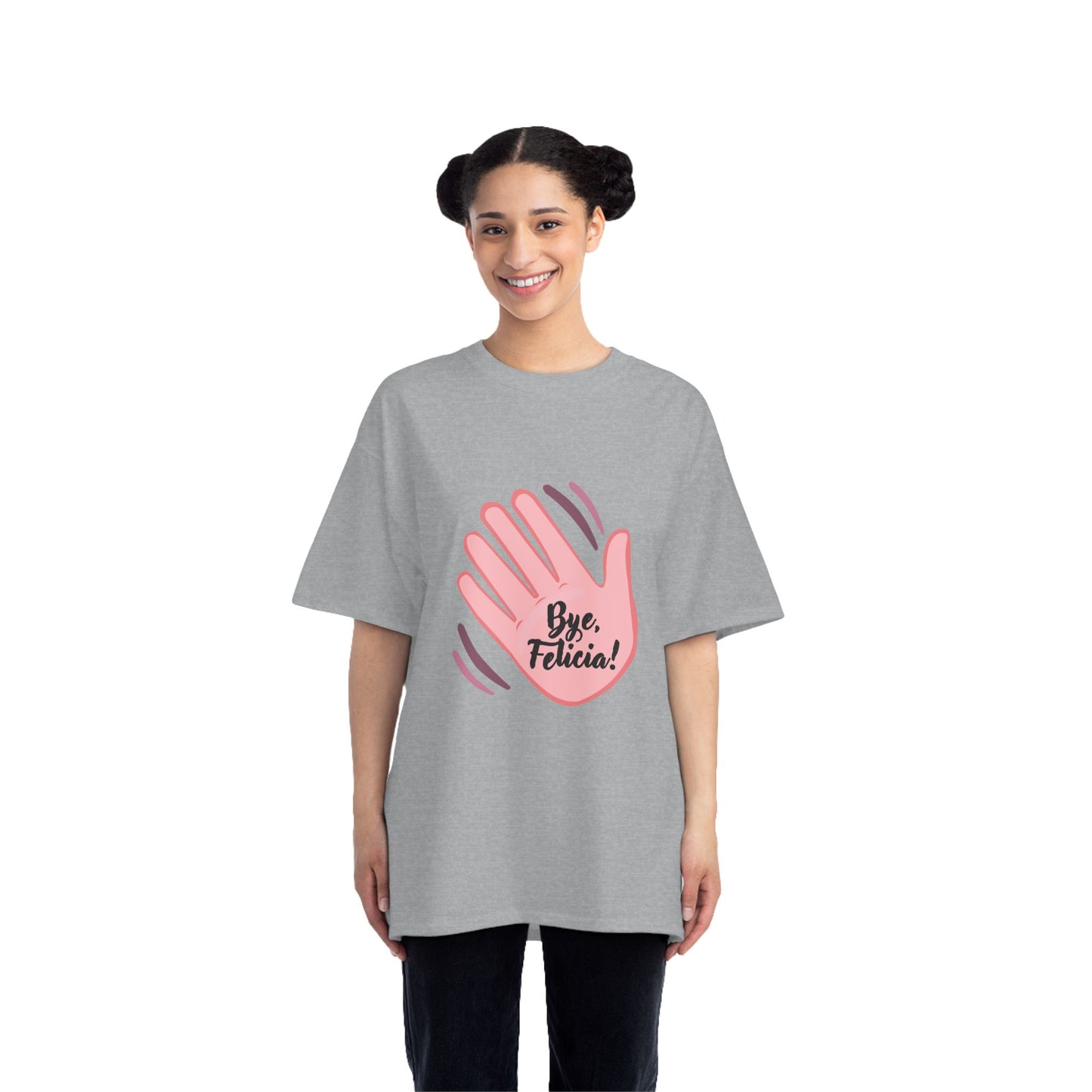 Woman wearing gray Bye Felicia T-Shirt with pink hand graphic