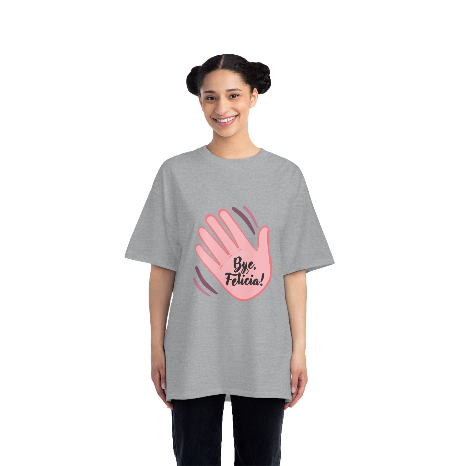 Woman wearing gray Bye Felicia T-Shirt with pink hand graphic