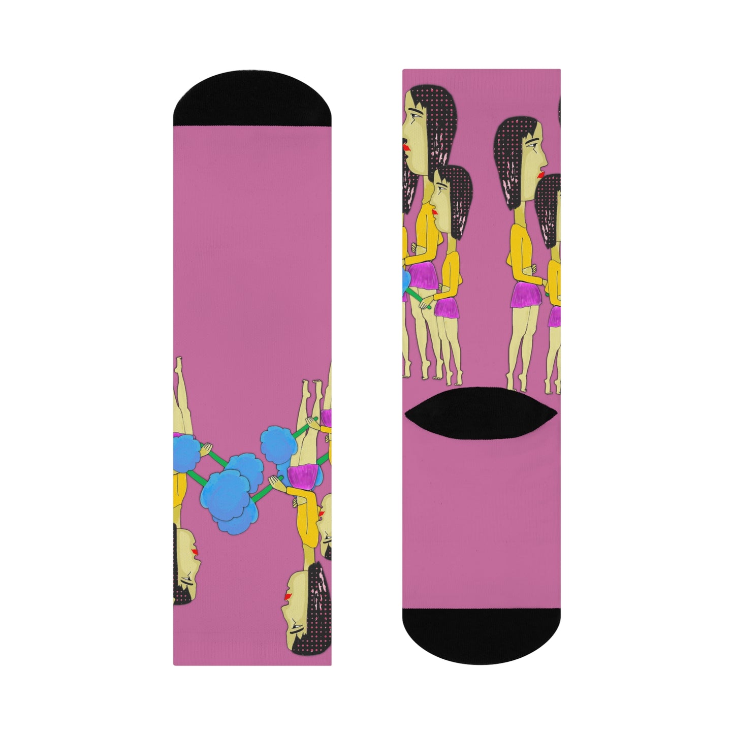 Flat lay view of purple crew socks showing full wraparound pop art design and black toe