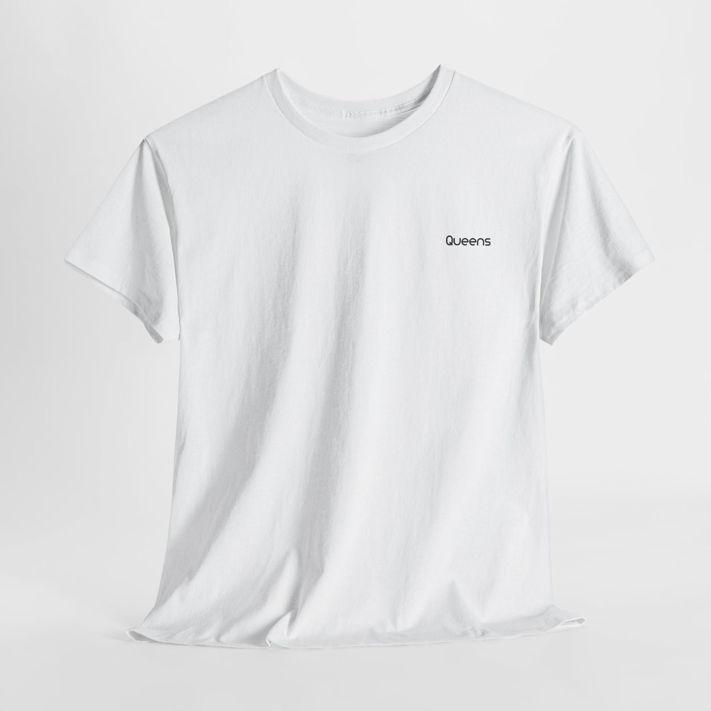 Flat lay of classic white Queens T-Shirt with simple text design