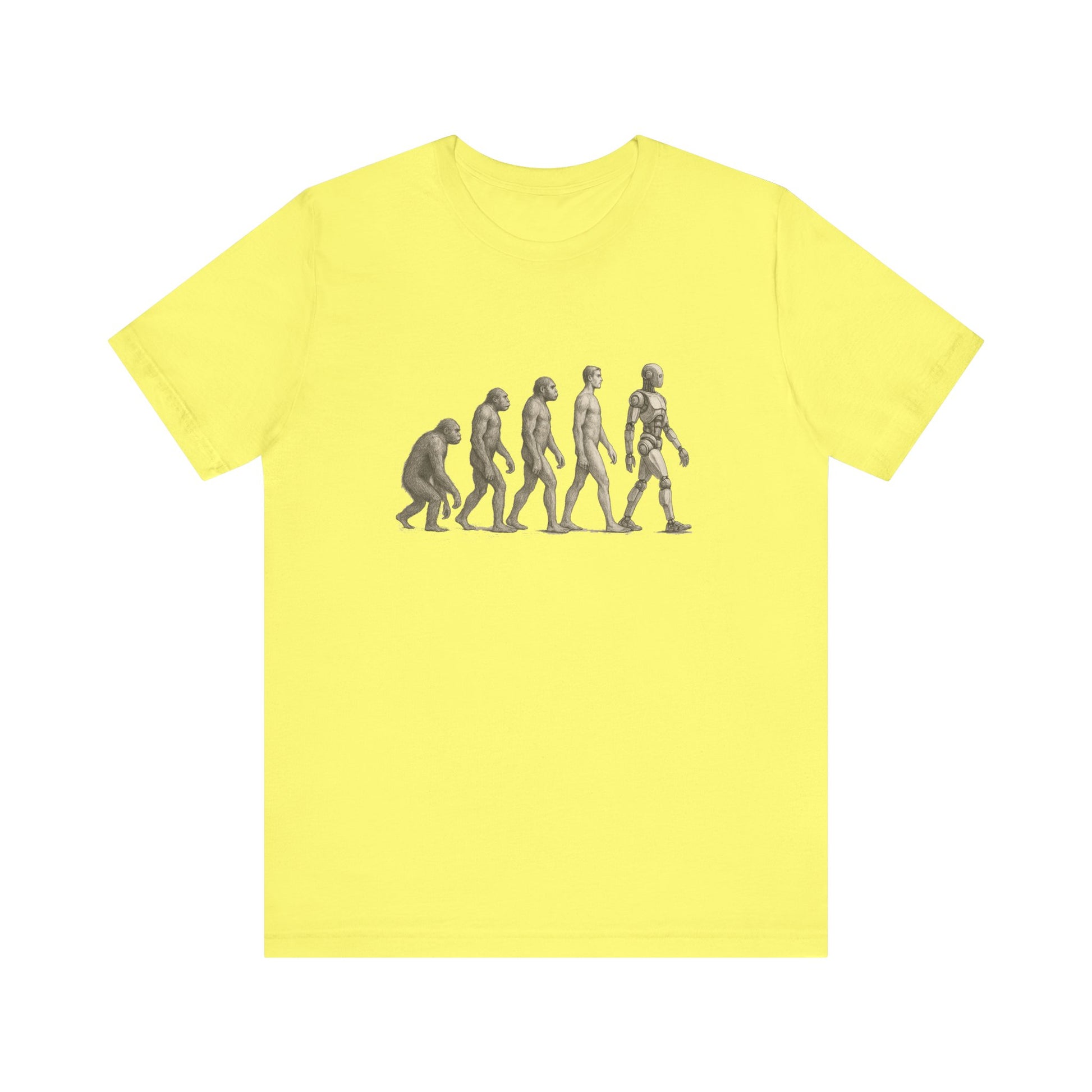 Yellow t-shirt with human evolution graphic from ape to robot
