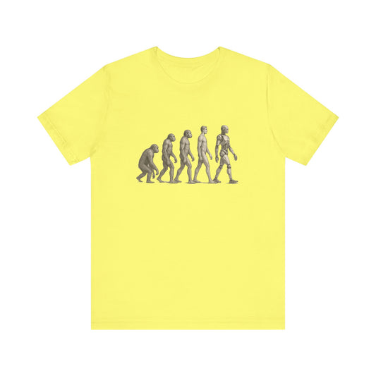 Yellow t-shirt with human evolution graphic from ape to robot