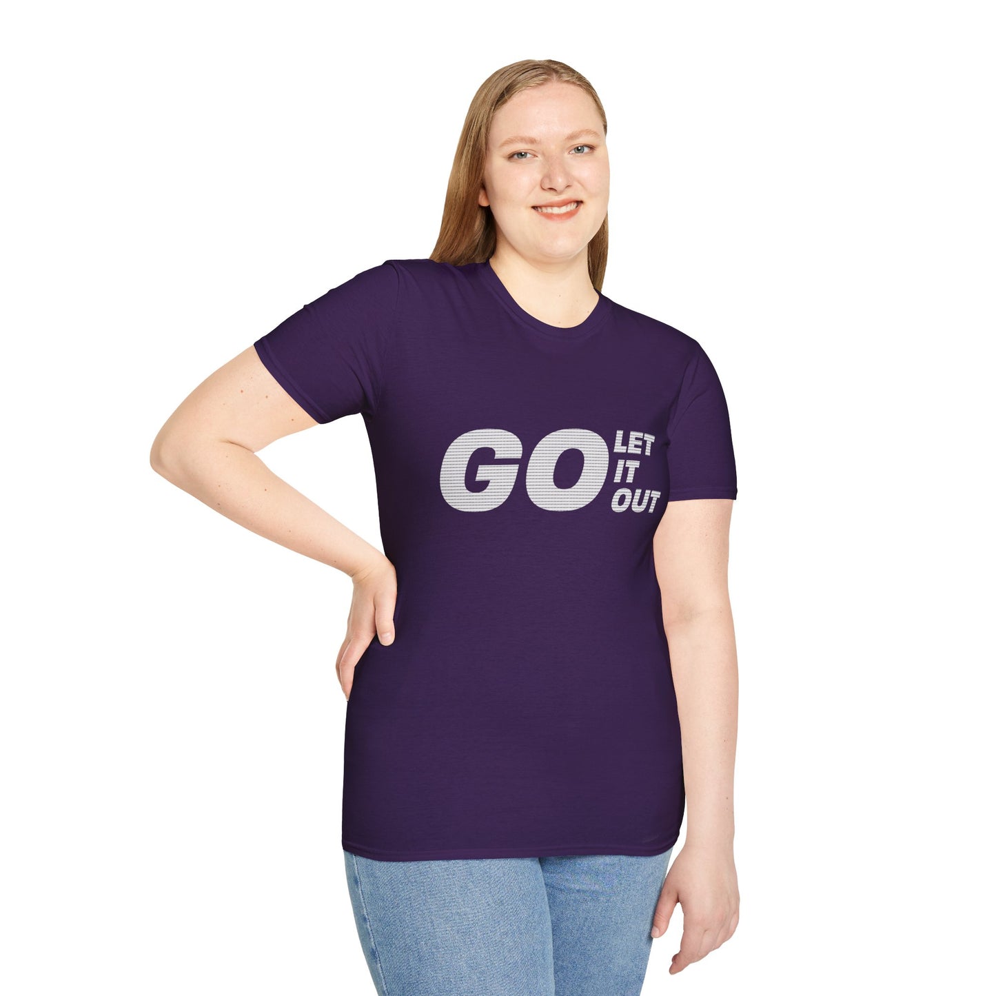 Person wearing a purple t-shirt with 'GO LET IT OUT' text on a white background