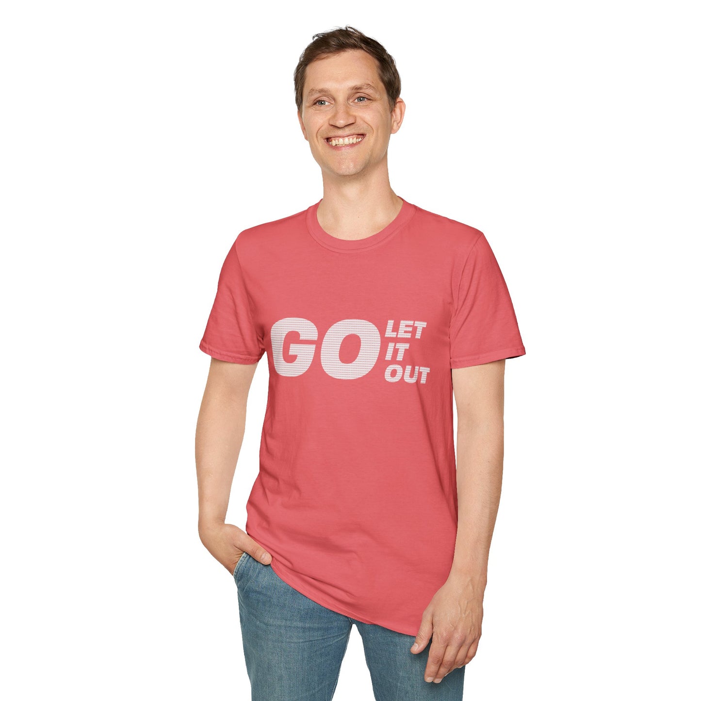 Coral pink Oasis Go Let It Out T-shirt flat lay mockup