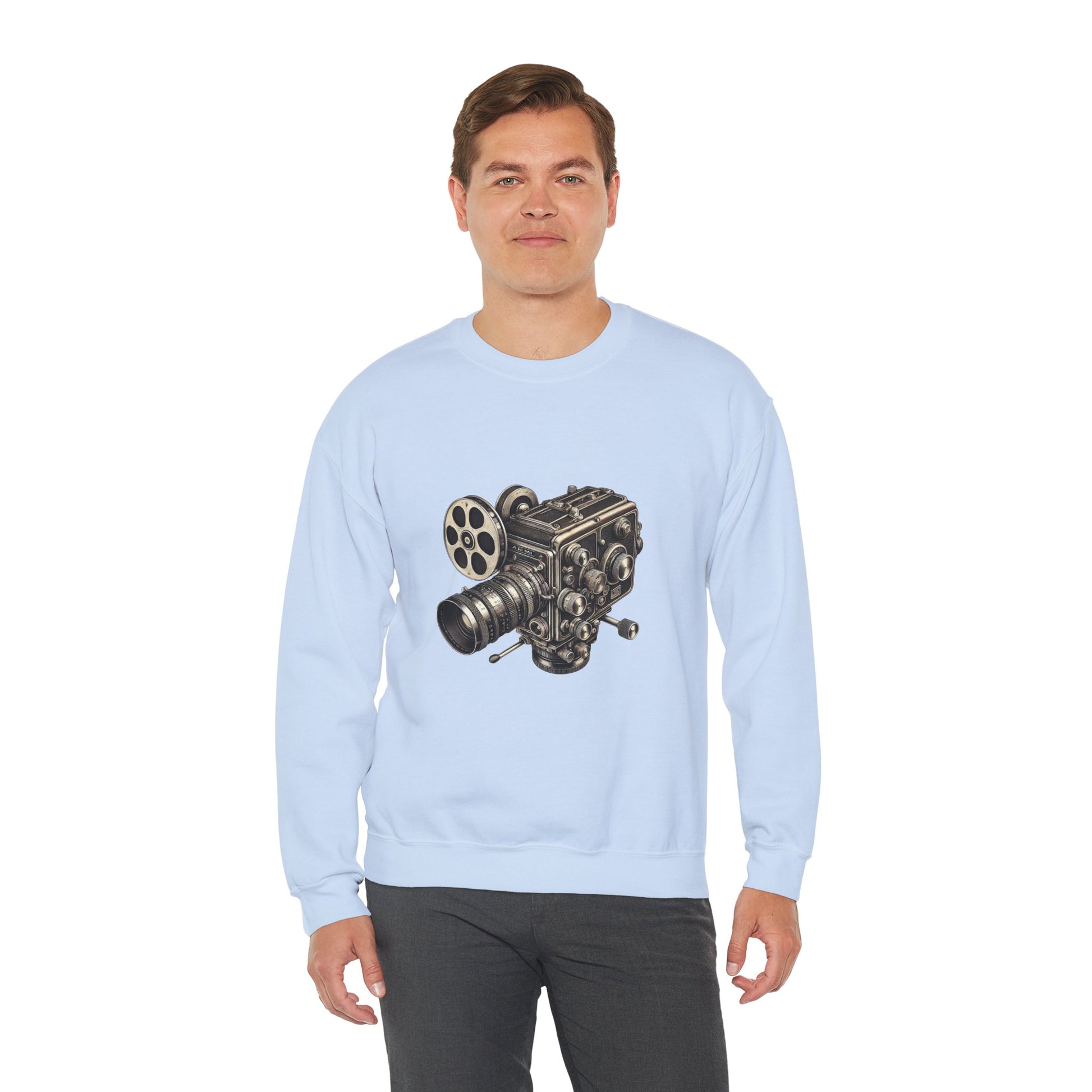 Male model wearing light blue Film Camera Sweatshirt, casual outfit.