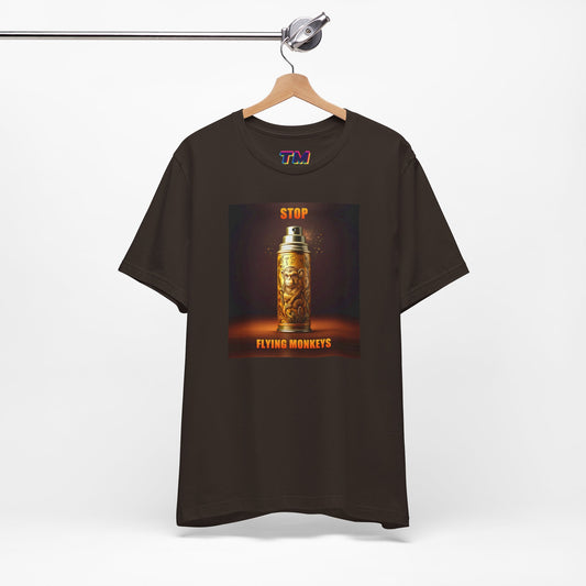 Brown Stop Flying Monkeys T-Shirt on hanger with bold graphic design