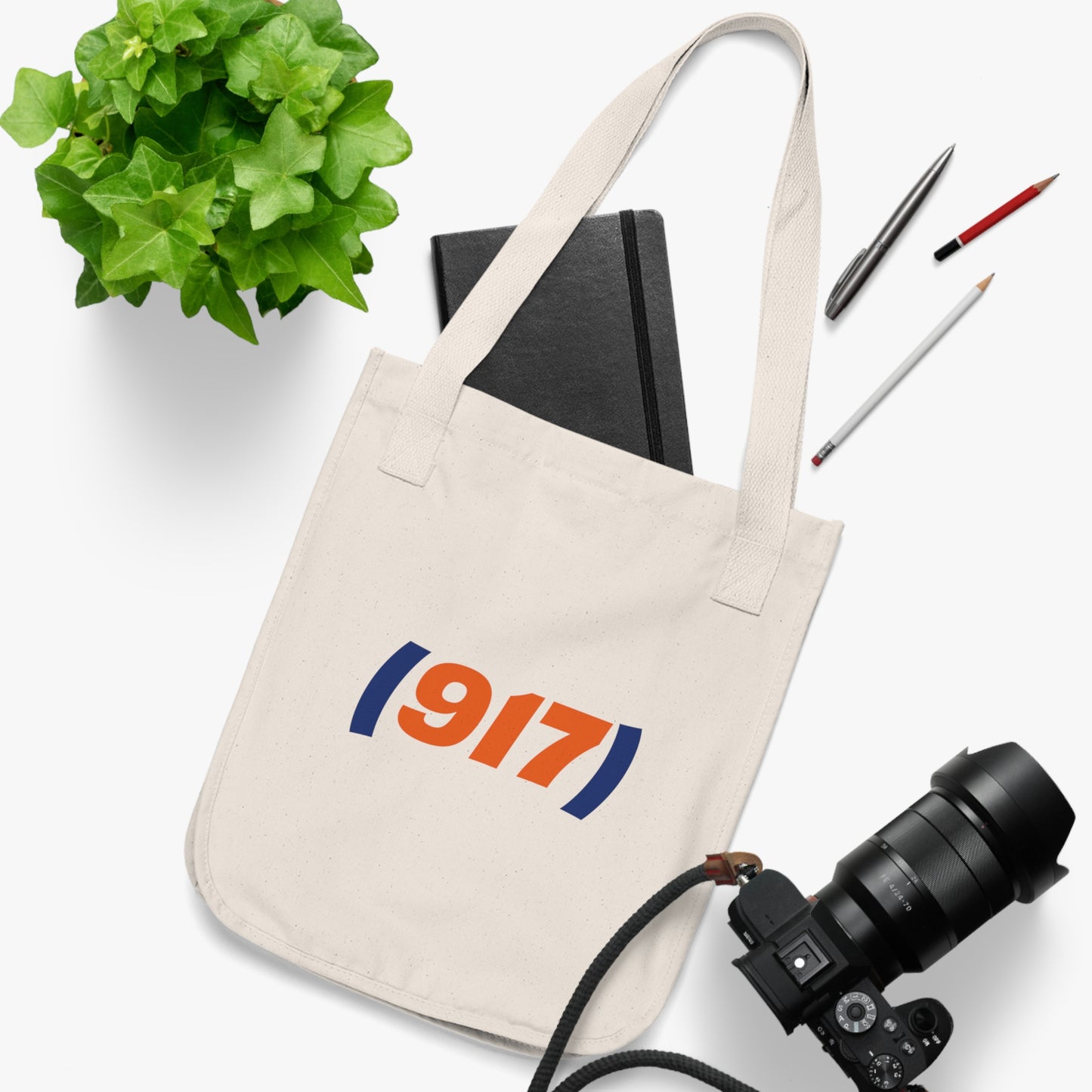 917 New York tote bag organic cotton flat lay with everyday items NYC streetwear bag