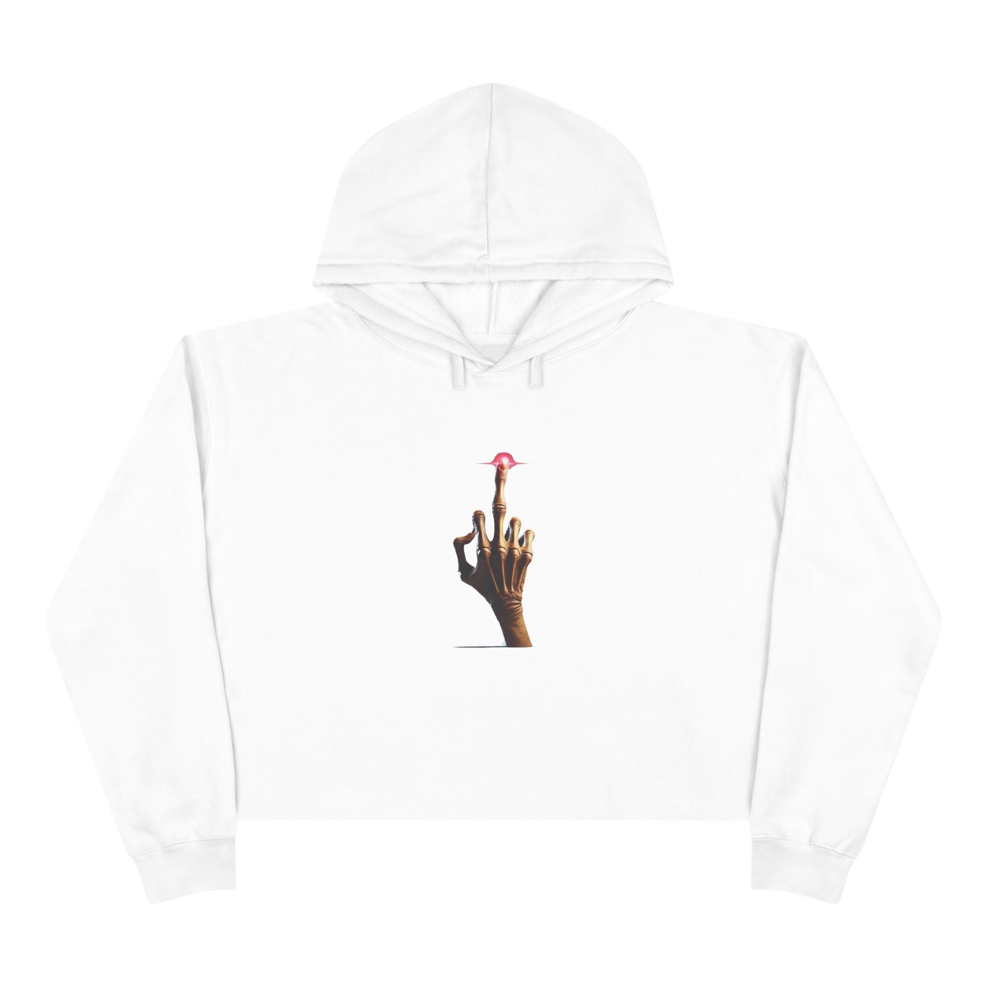 A white crop hoodie with a minimalist E.T.-inspired graphic of a hand with an extended glowing finger touching a small red spaceship.