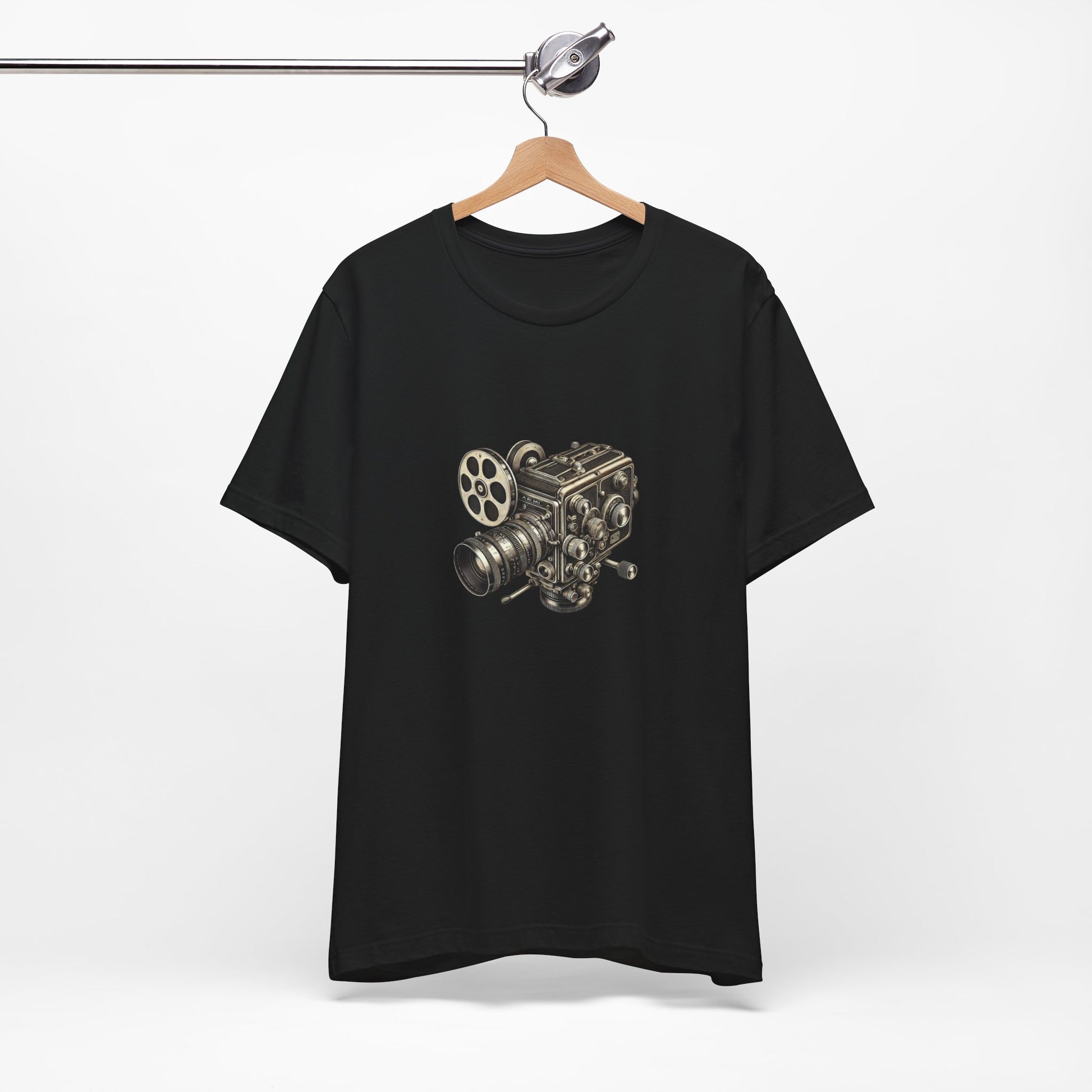 Black t-shirt with vintage 16mm camera design on hanger
