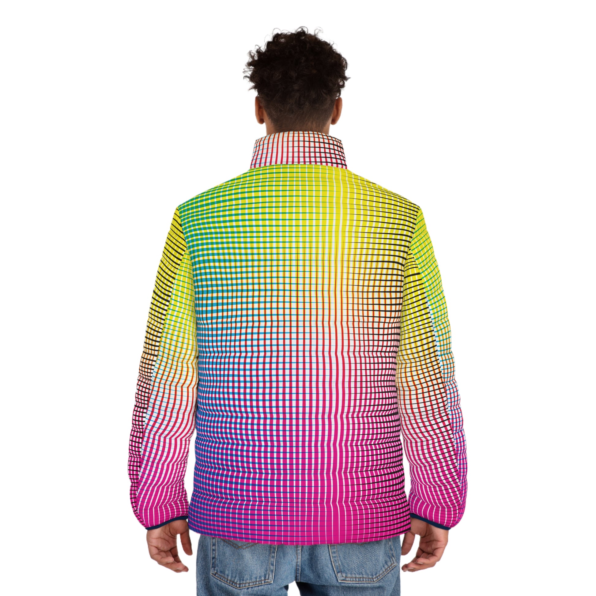 Model wearing Electric Rainbow Men’s Puffer Jacket Lightweight Winter Coat back view