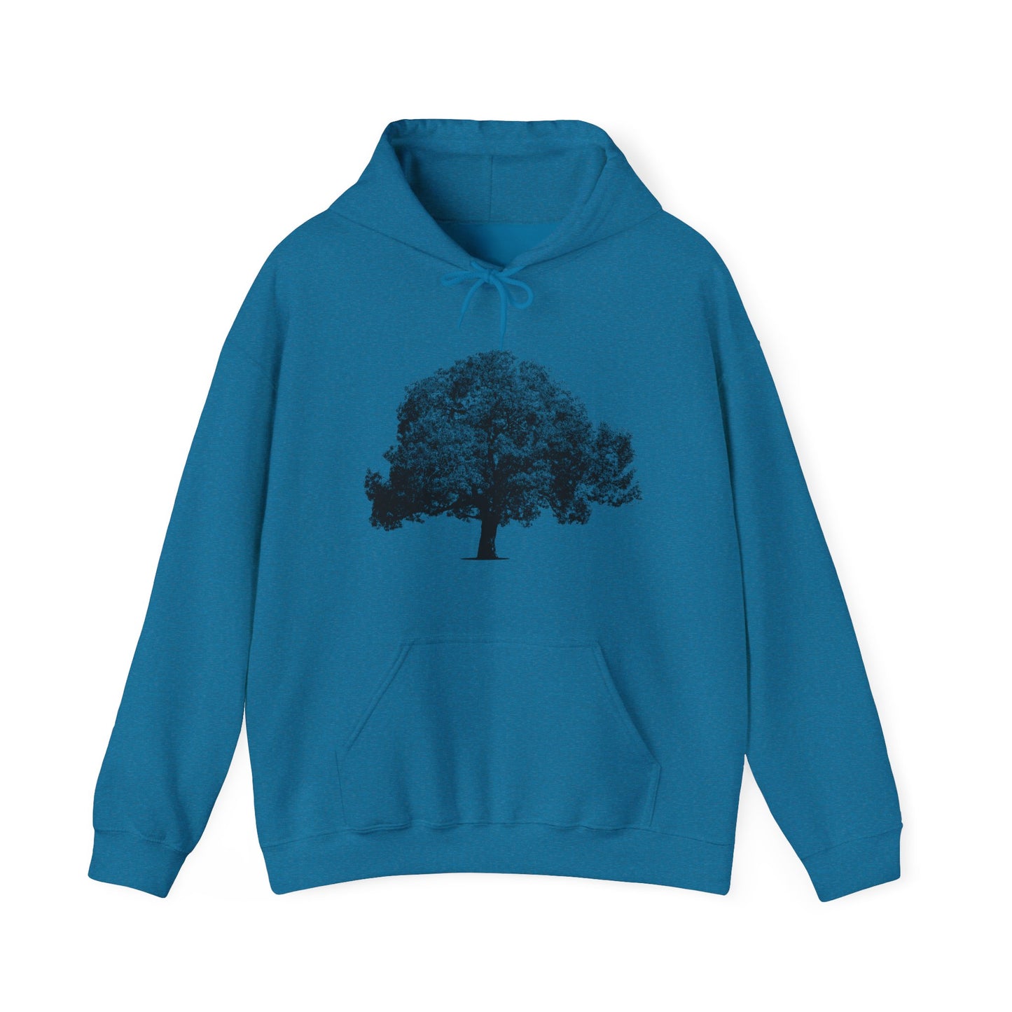 Dark blue Tree Hoodie with black tree graphic flat lay