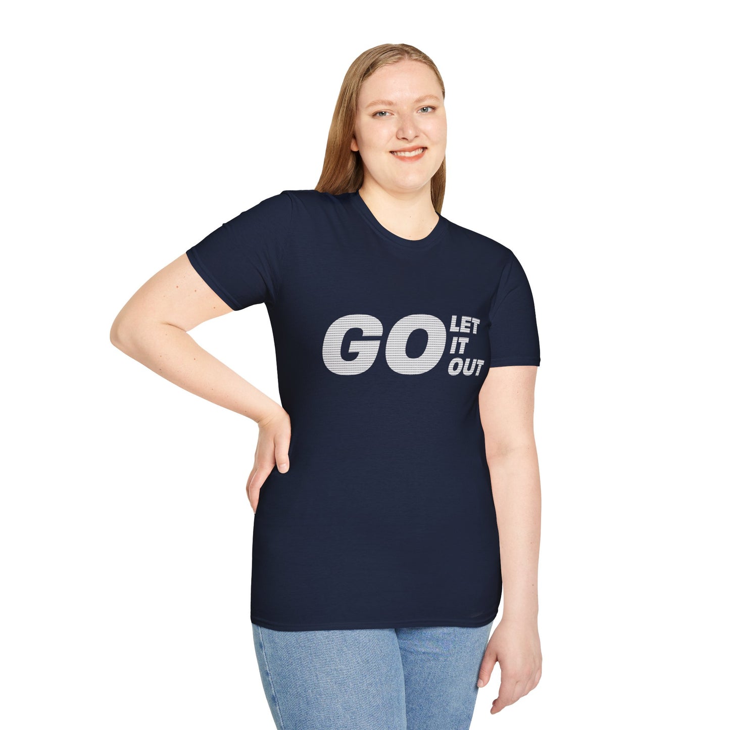 Person wearing a navy blue t-shirt with 'GO LET IT OUT' text on a white background