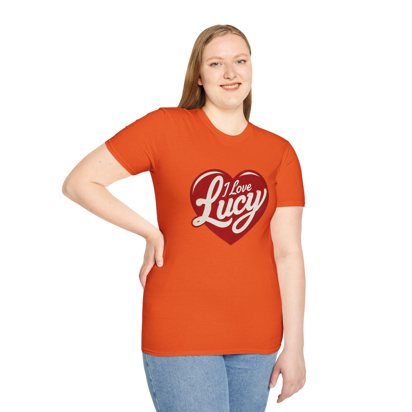 A person wearing a red crew neck t-shirt with a heart logo that has the text 'I Love Lucy' on it.