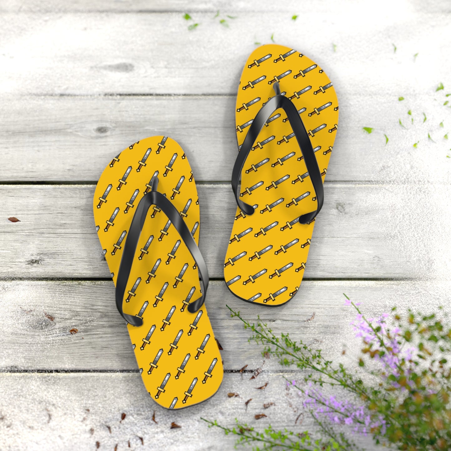 8-bit Sword Flip Flops on wooden surface, summer footwear