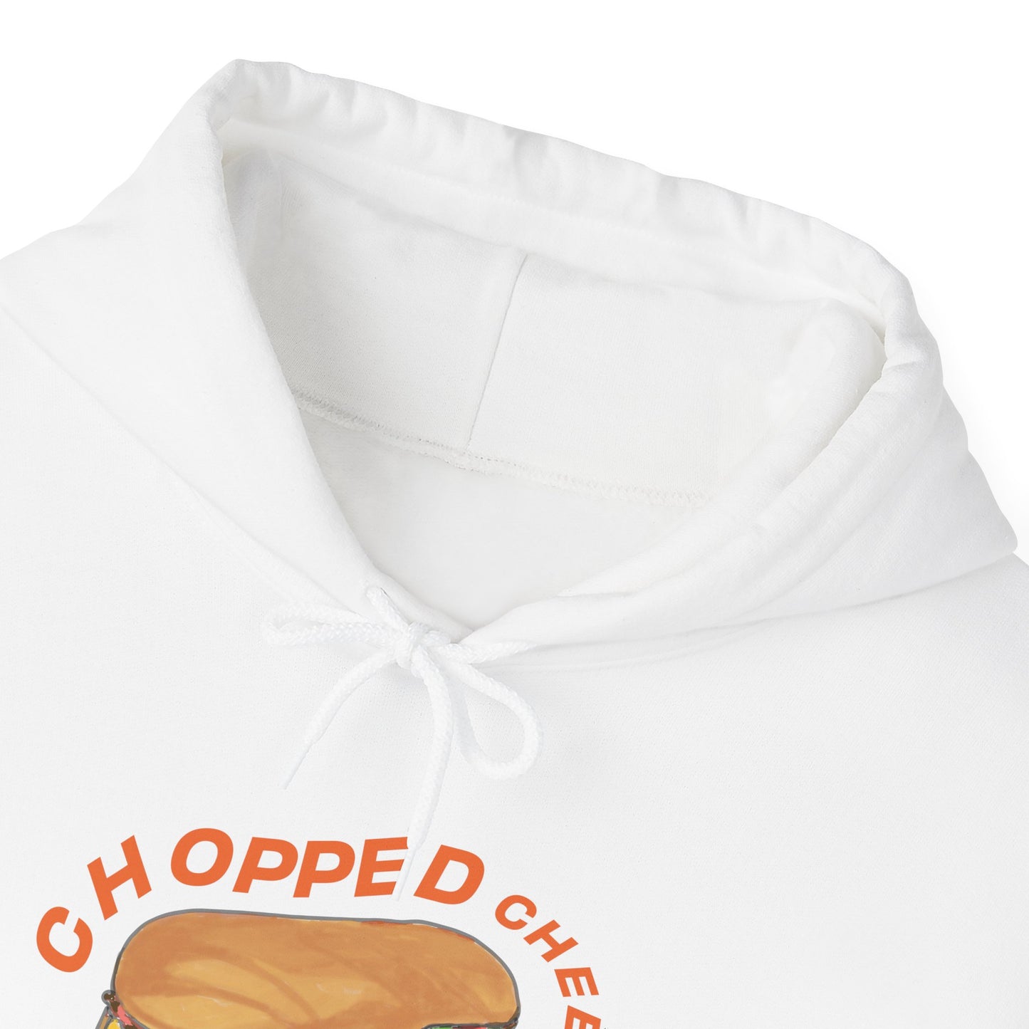 Close-up of white hoodie showing “Chopped Cheese Diet” sandwich graphic detail.