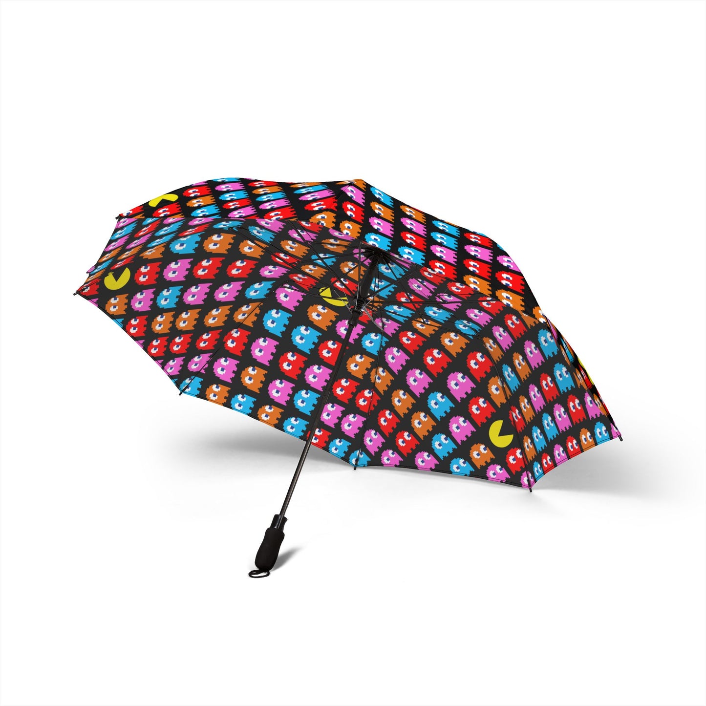 Side of a Pac-Man themed semi-automatic umbrella featuring colorful ghosts and retro arcade patterns made of 100% polyester