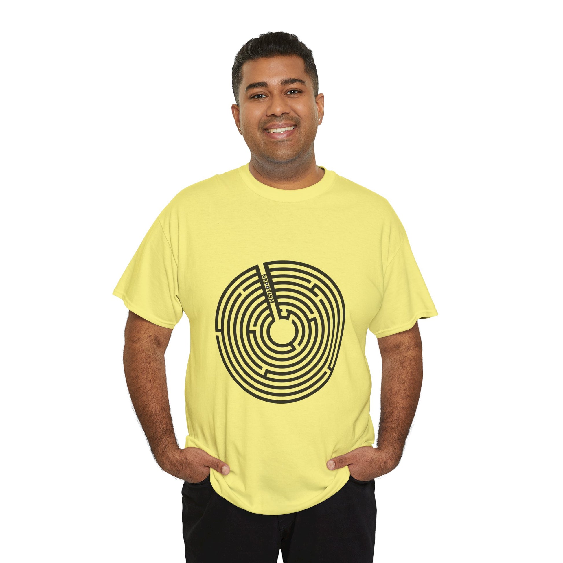 Male model in yellow Nepo T-Shirt featuring black maze artwork
