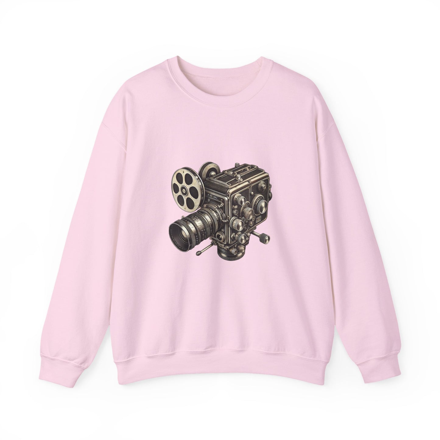 Light pink Film Camera Sweatshirt laid flat, featuring vintage film camera design.