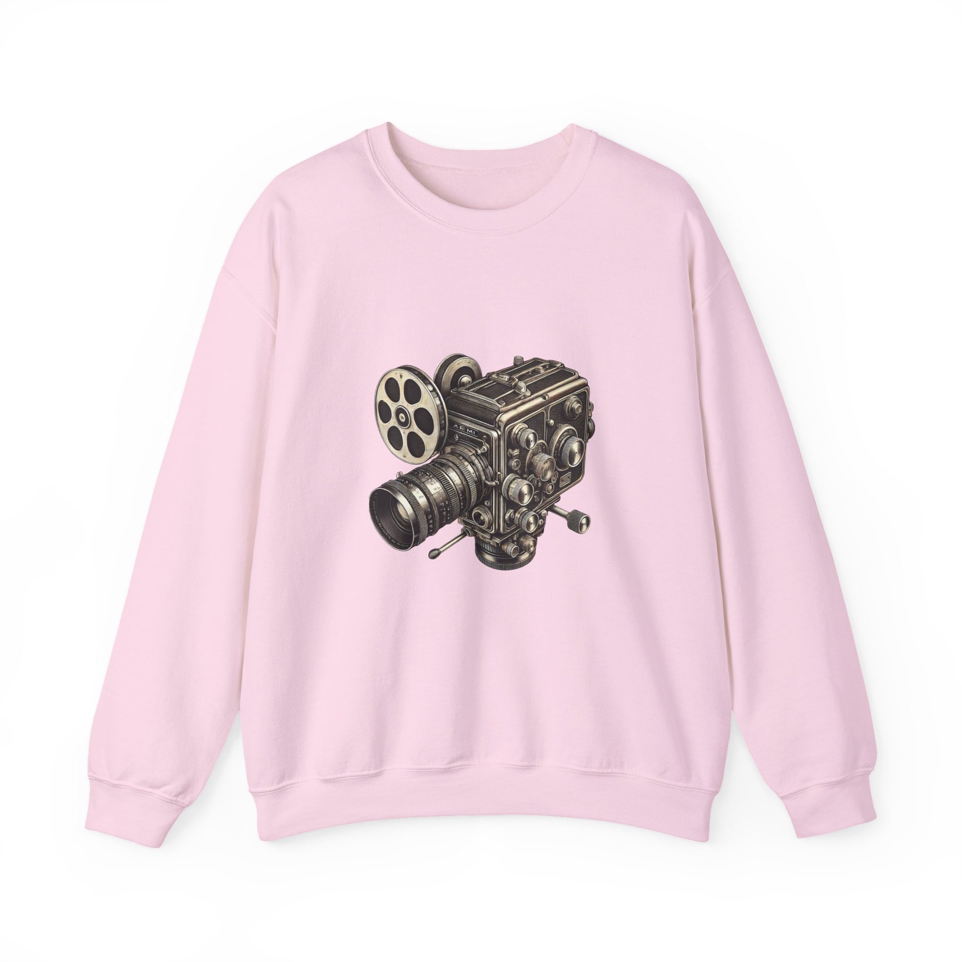 Light pink Film Camera Sweatshirt laid flat, featuring vintage film camera design.