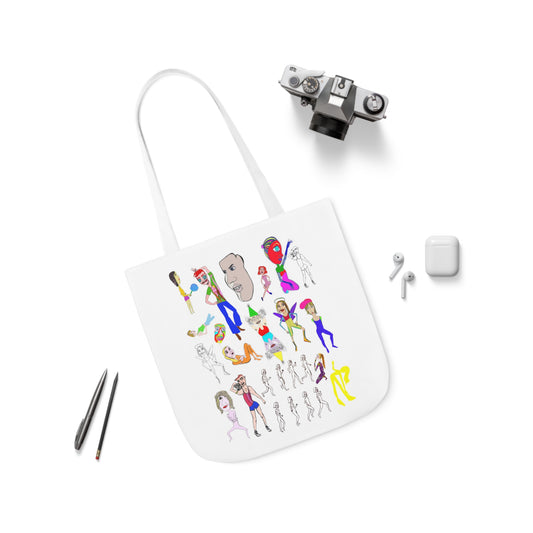 a white tote bag featuring colorful cartoon-style characters and abstract figures