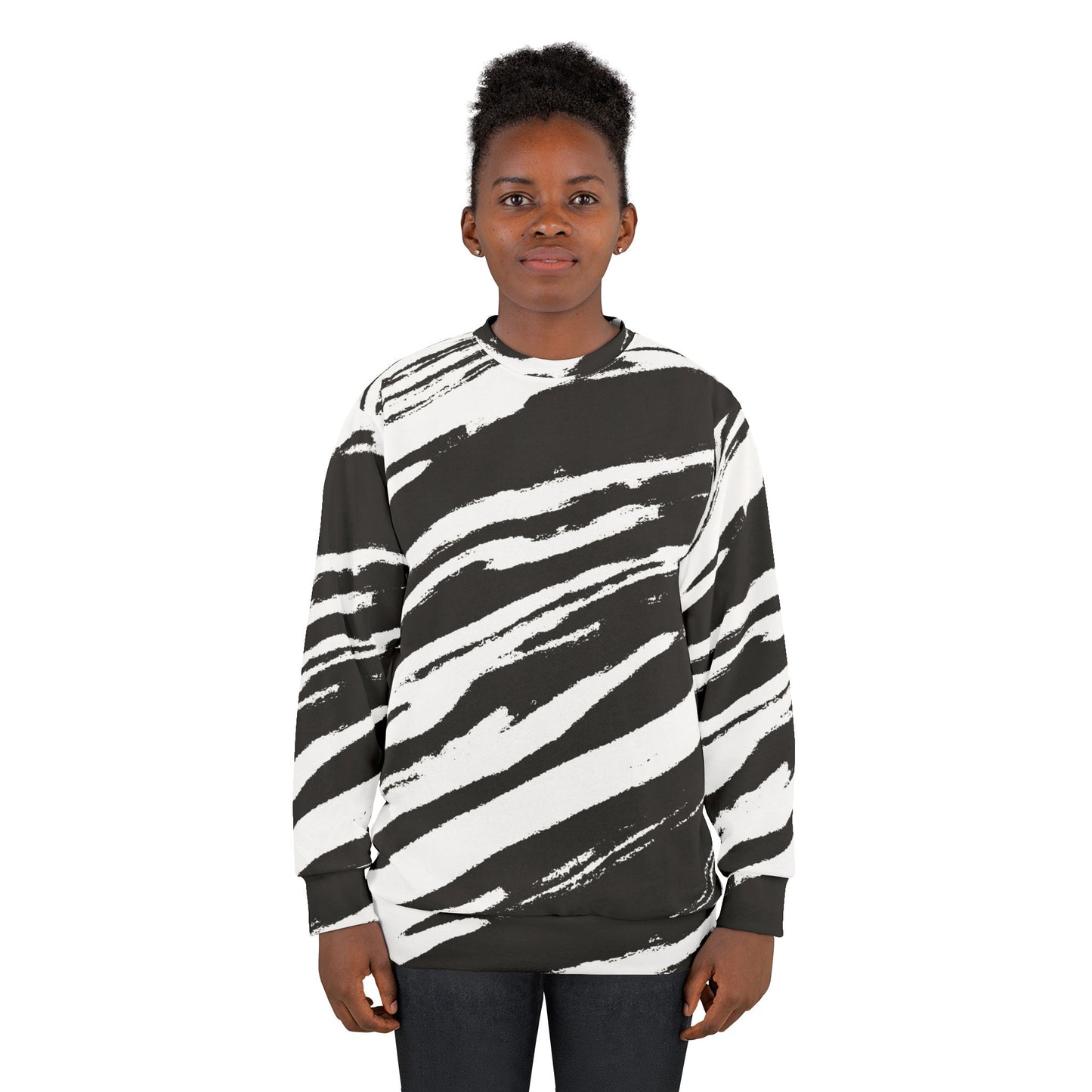 Black Strokes Unisex Sweatshirt worn by female model front view