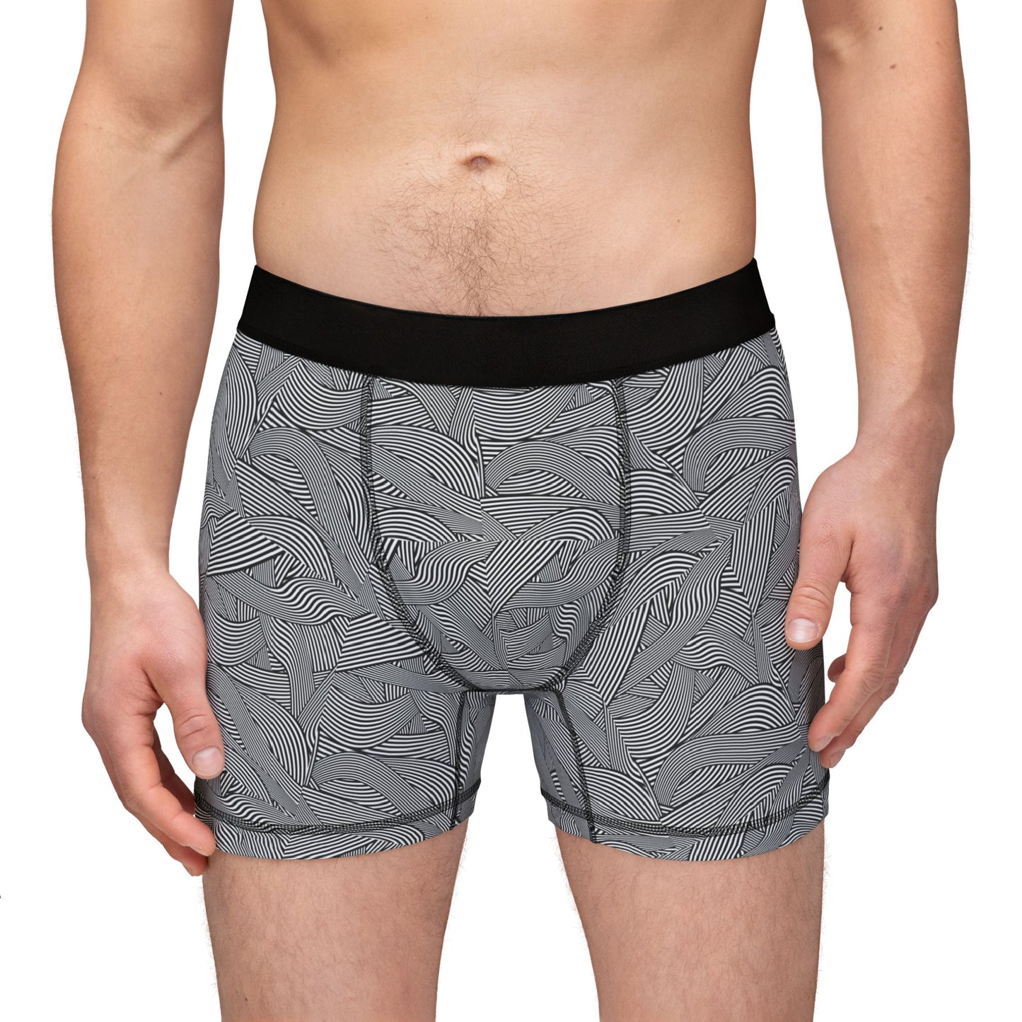 Front view of Waves Men’s Boxers with black waistband and subtle gray wave pattern, made from polyester spandex blend