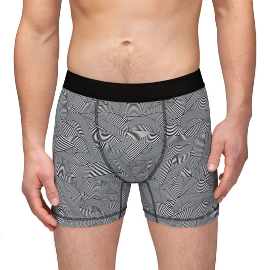 Front view of Waves Men’s Boxers with black waistband and subtle gray wave pattern, made from polyester spandex blend