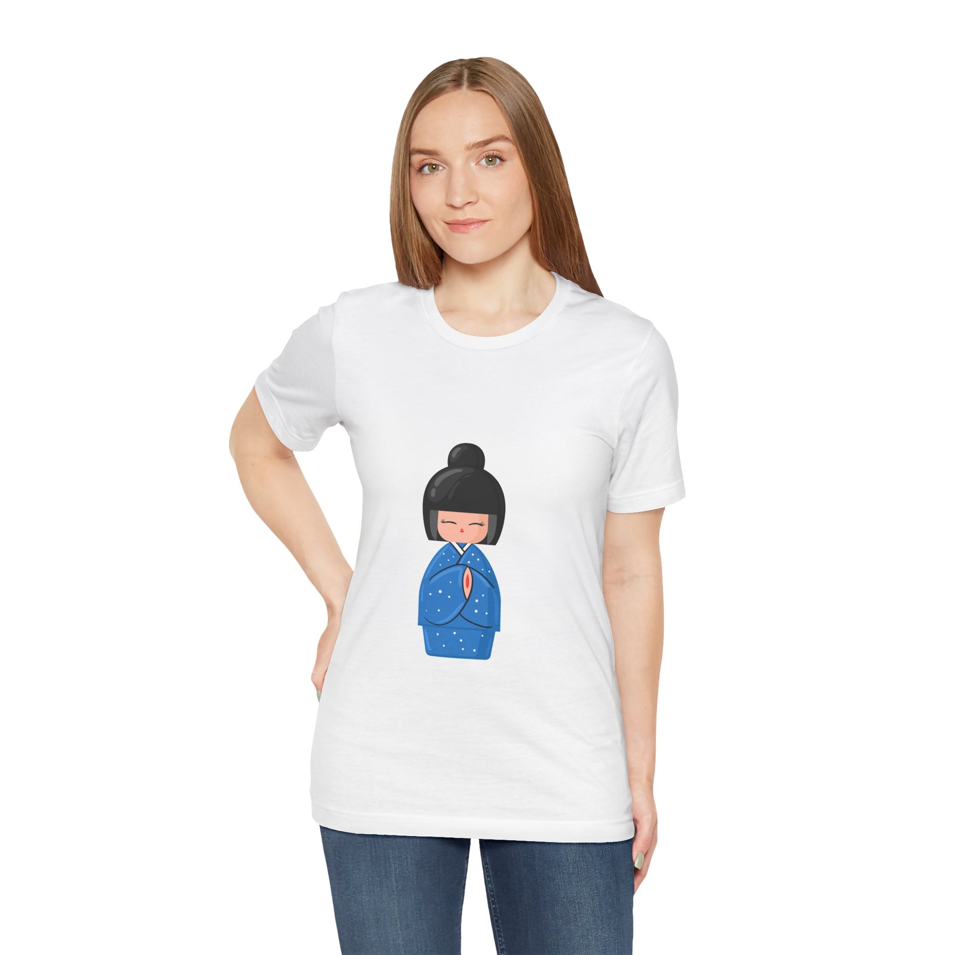 Woman in white Geisha Blue T-Shirt styled with jeans