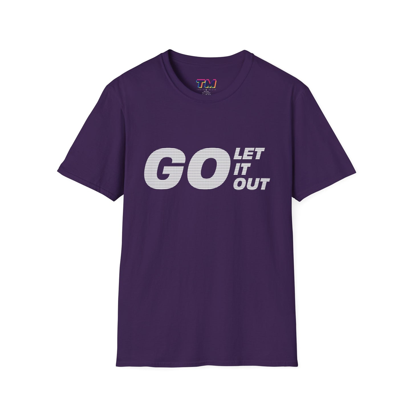 Purple t-shirt with 'GO LET IT OUT' text on a white background