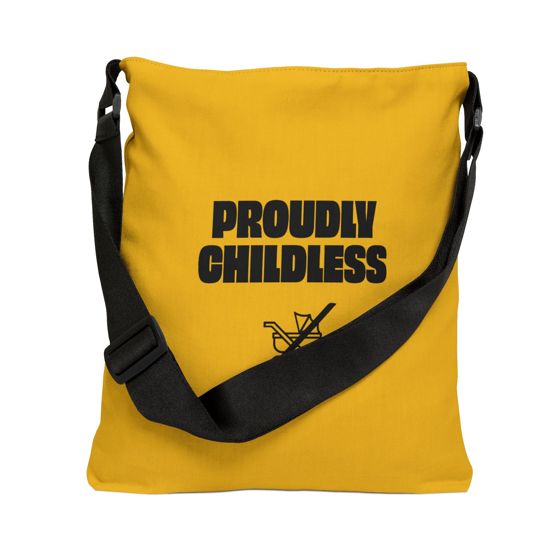 Yellow bag with 'PROUDLY CHILDLESS' text and graphic on a white background