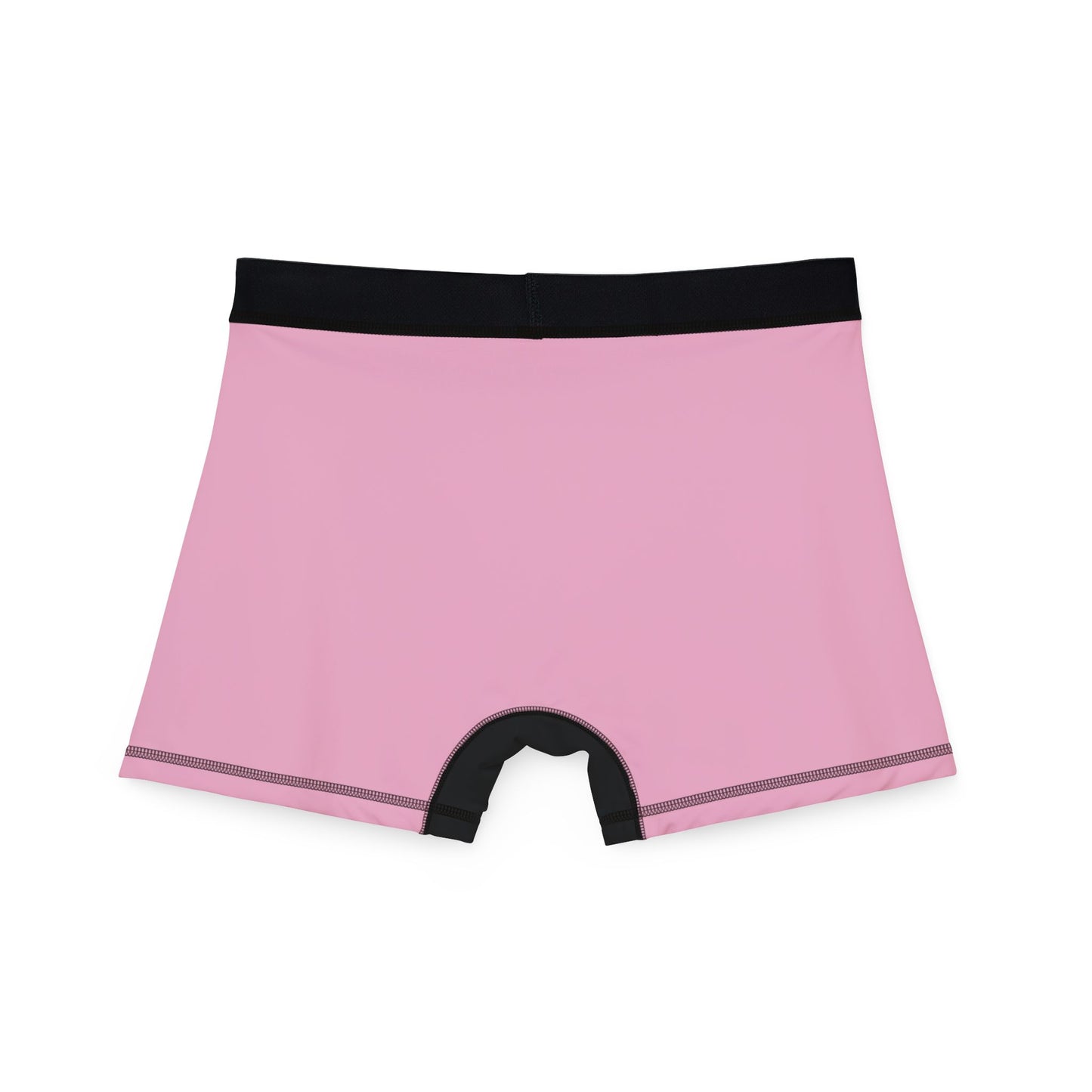 Flat lay of boxer briefs showing full pink back with black waistband and leg trim.