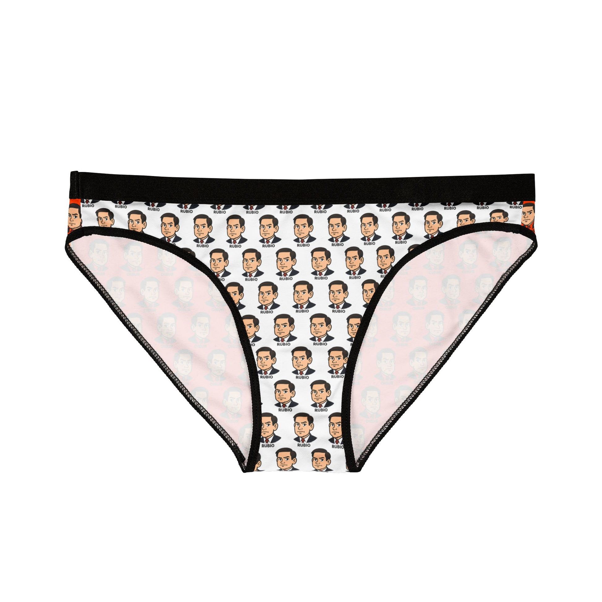 Front view of white panties with Marco Rubio face print and black waistband, laid flat