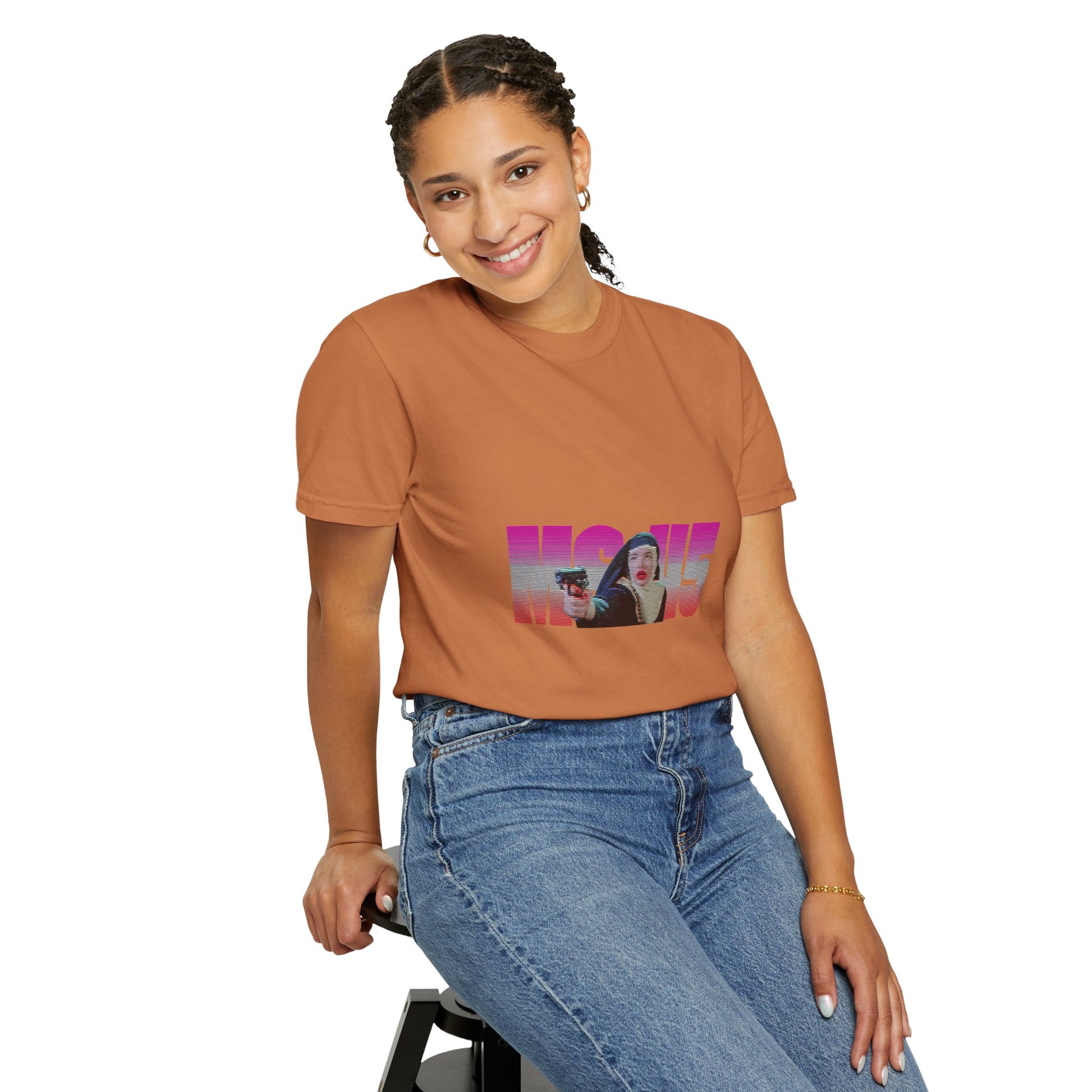 Woman wearing brown Ms.45 T-Shirt posing casually