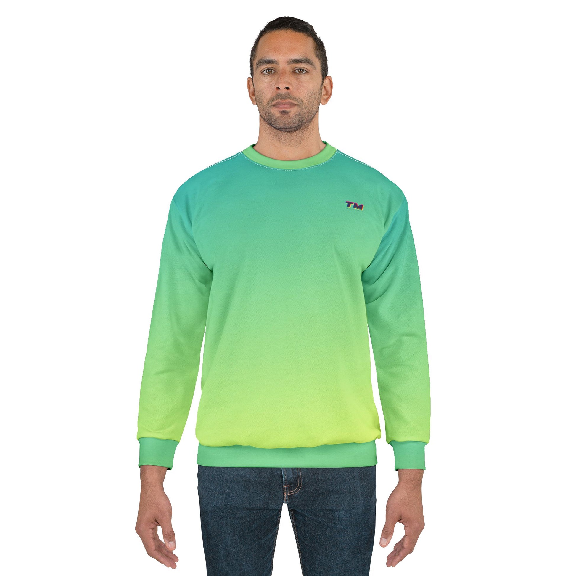 Man modeling Lime Gradient Unisex Sweatshirt with casual streetwear style