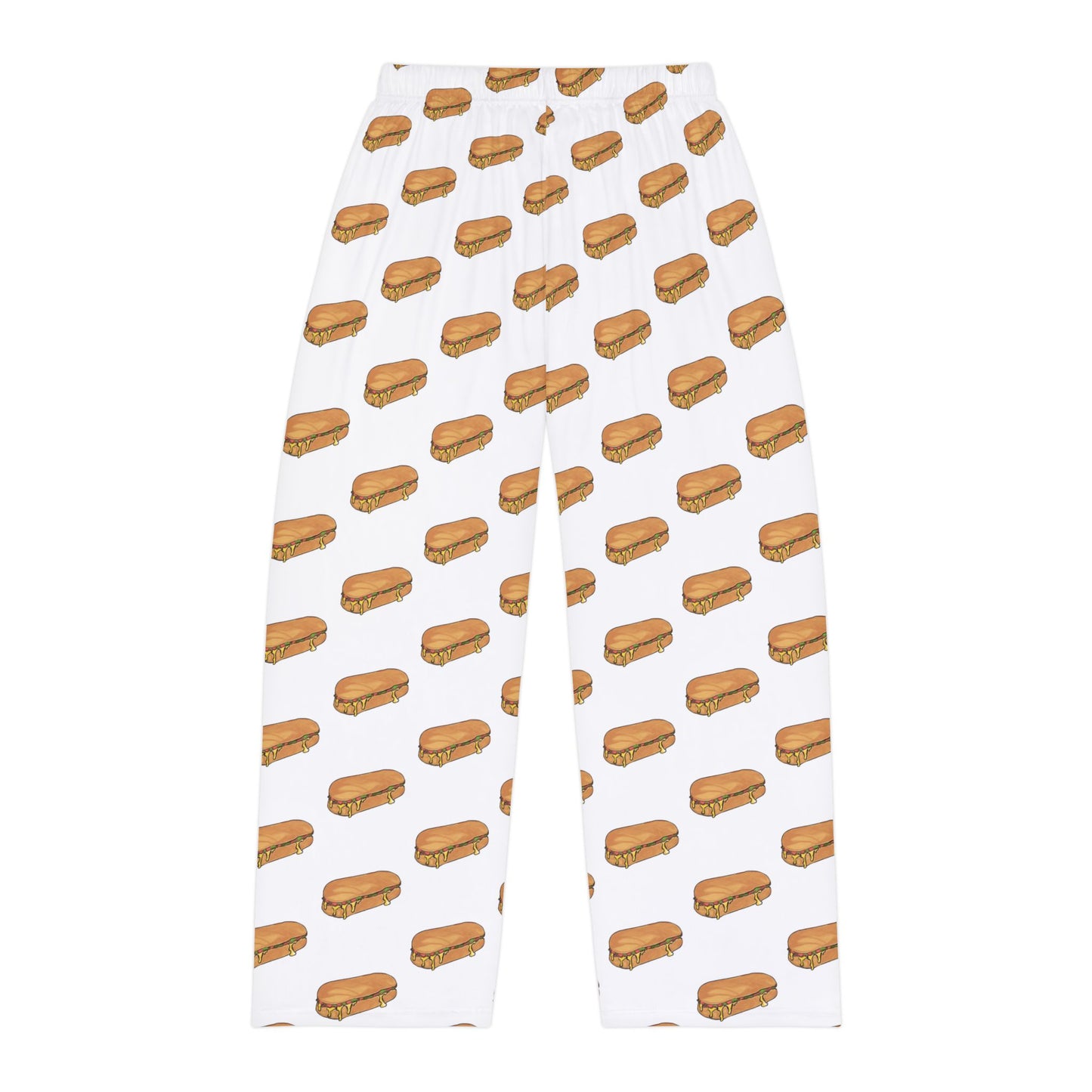Flat lay back view of white pajama pants with chopped cheese sandwich print.