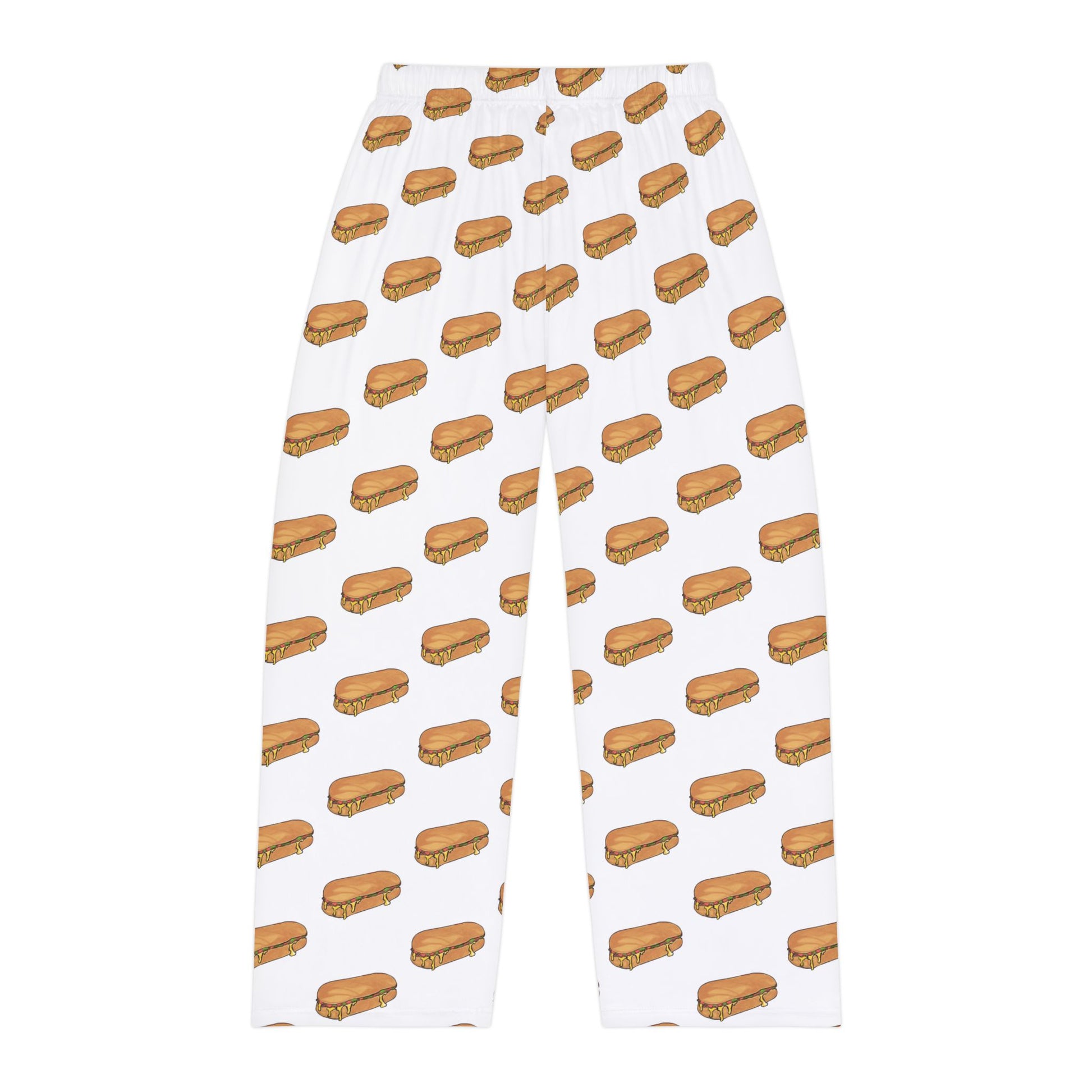 Flat lay back view of white pajama pants with chopped cheese sandwich print.