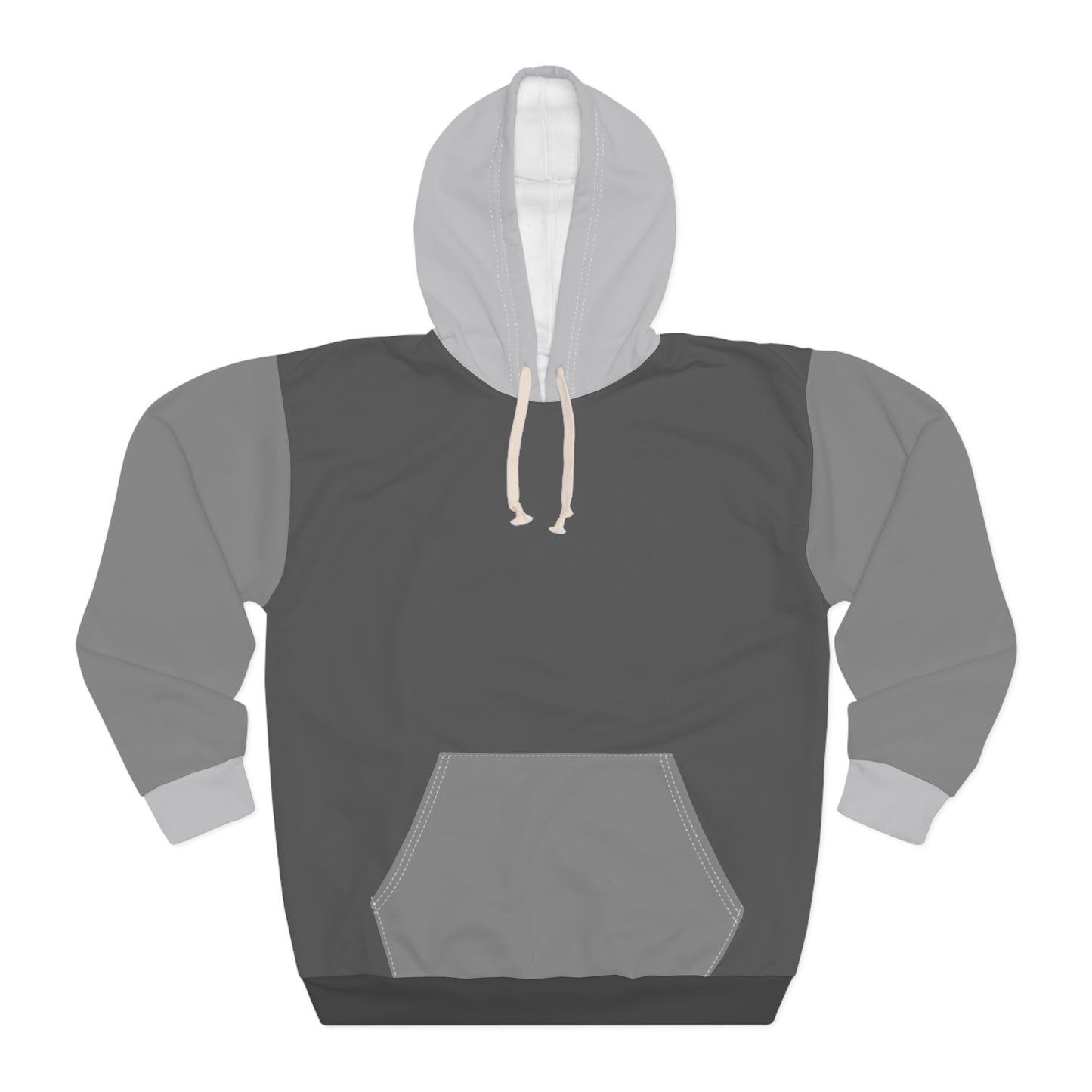 Storm Unisex Hoodie front view featuring sleek charcoal and light gray color block design with white drawstring hood and roomy kangaroo pocket