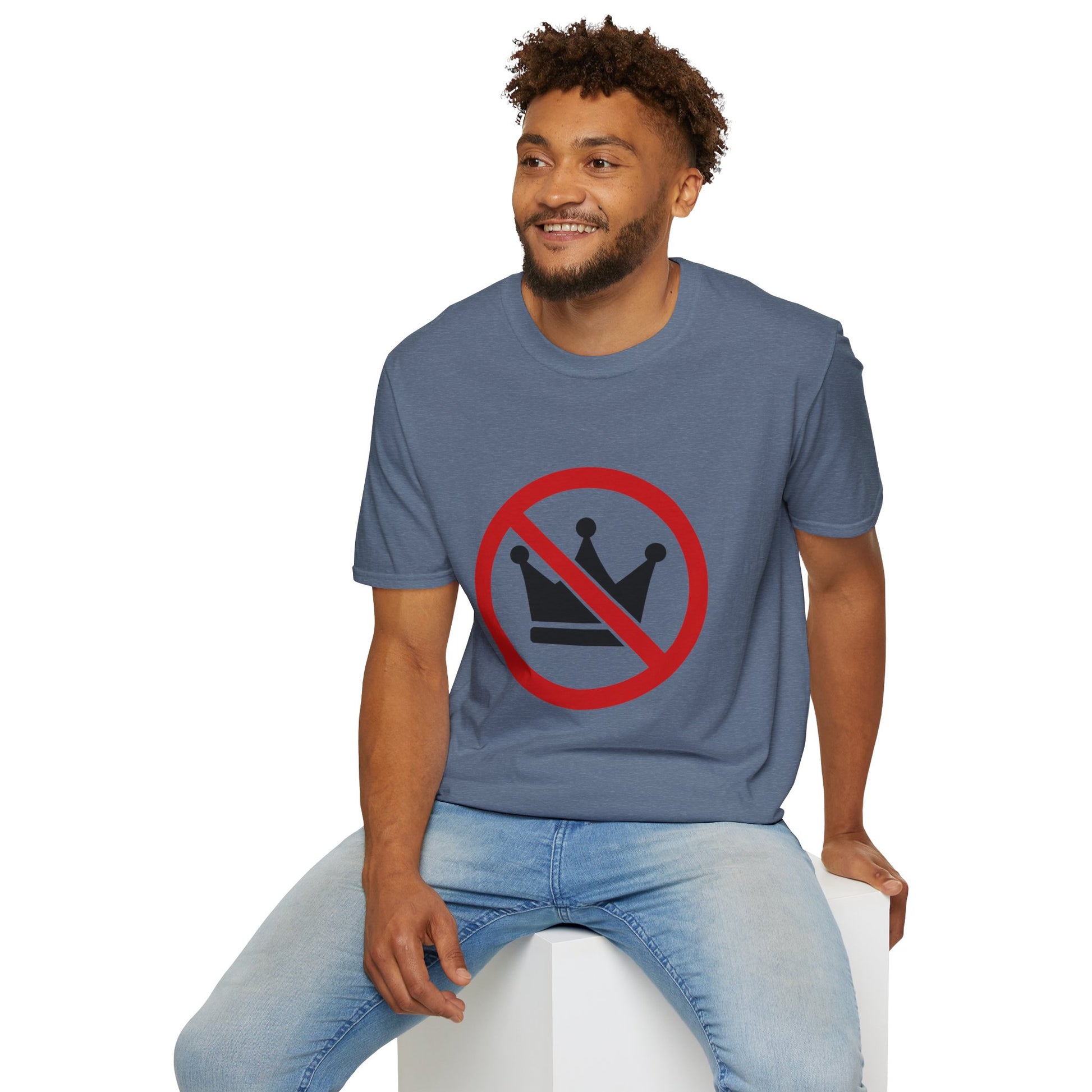 Man wearing a blue t-shirt with a no-crown symbol on a white background