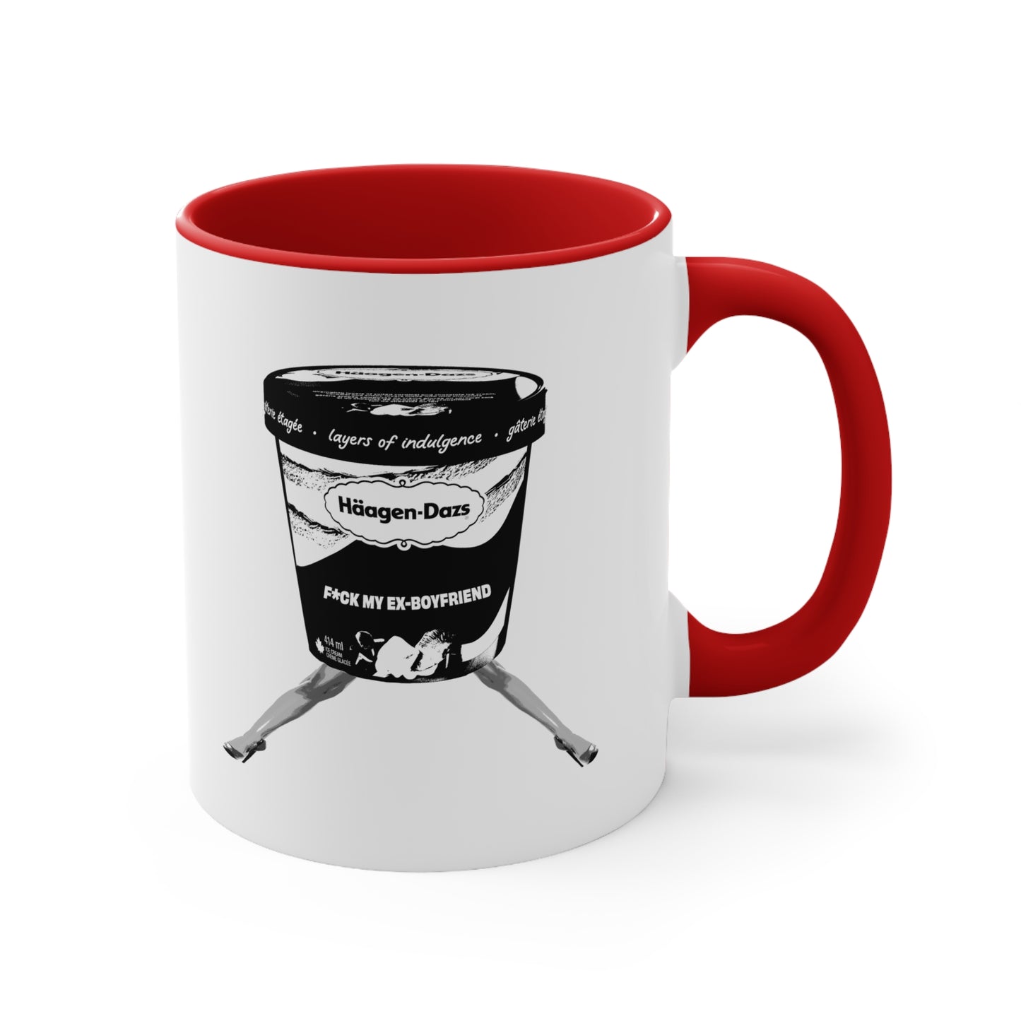 White mug with red interior featuring funny breakup design on table