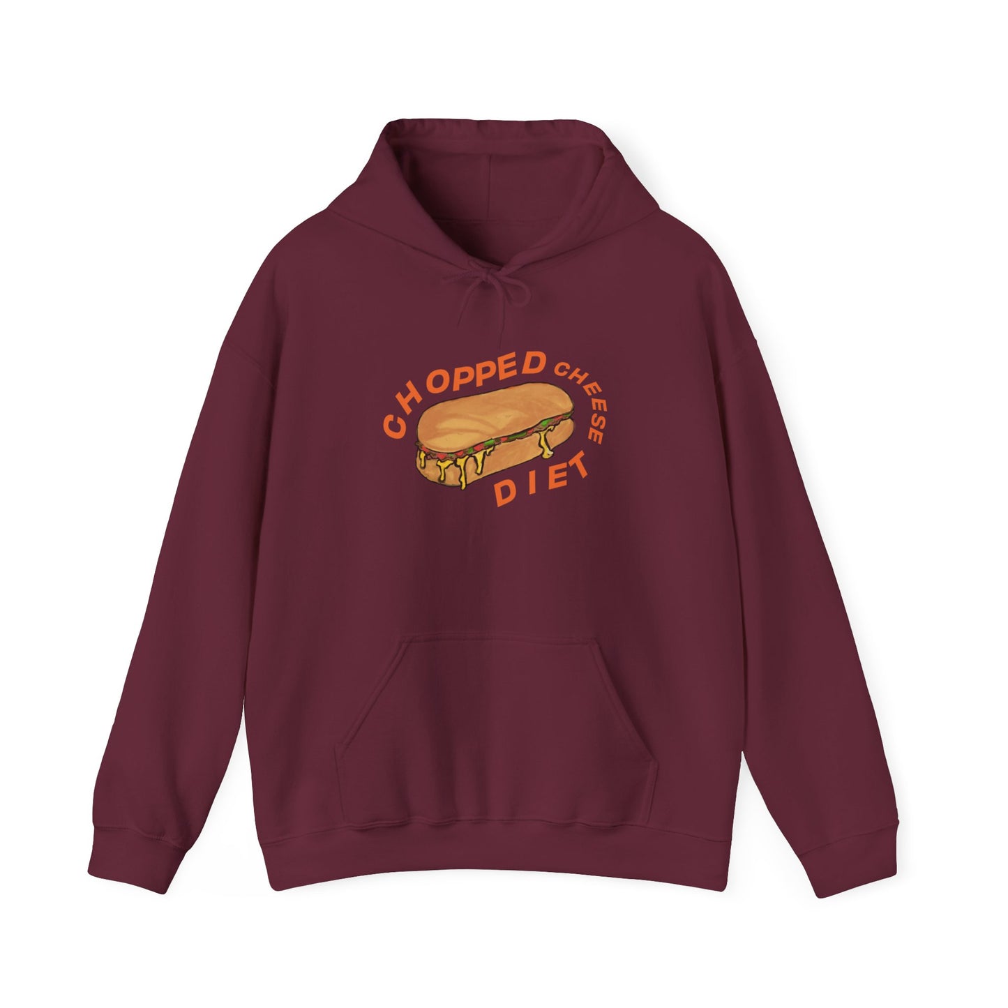 Maroon hoodie with “Chopped Cheese Diet” sandwich graphic on front.