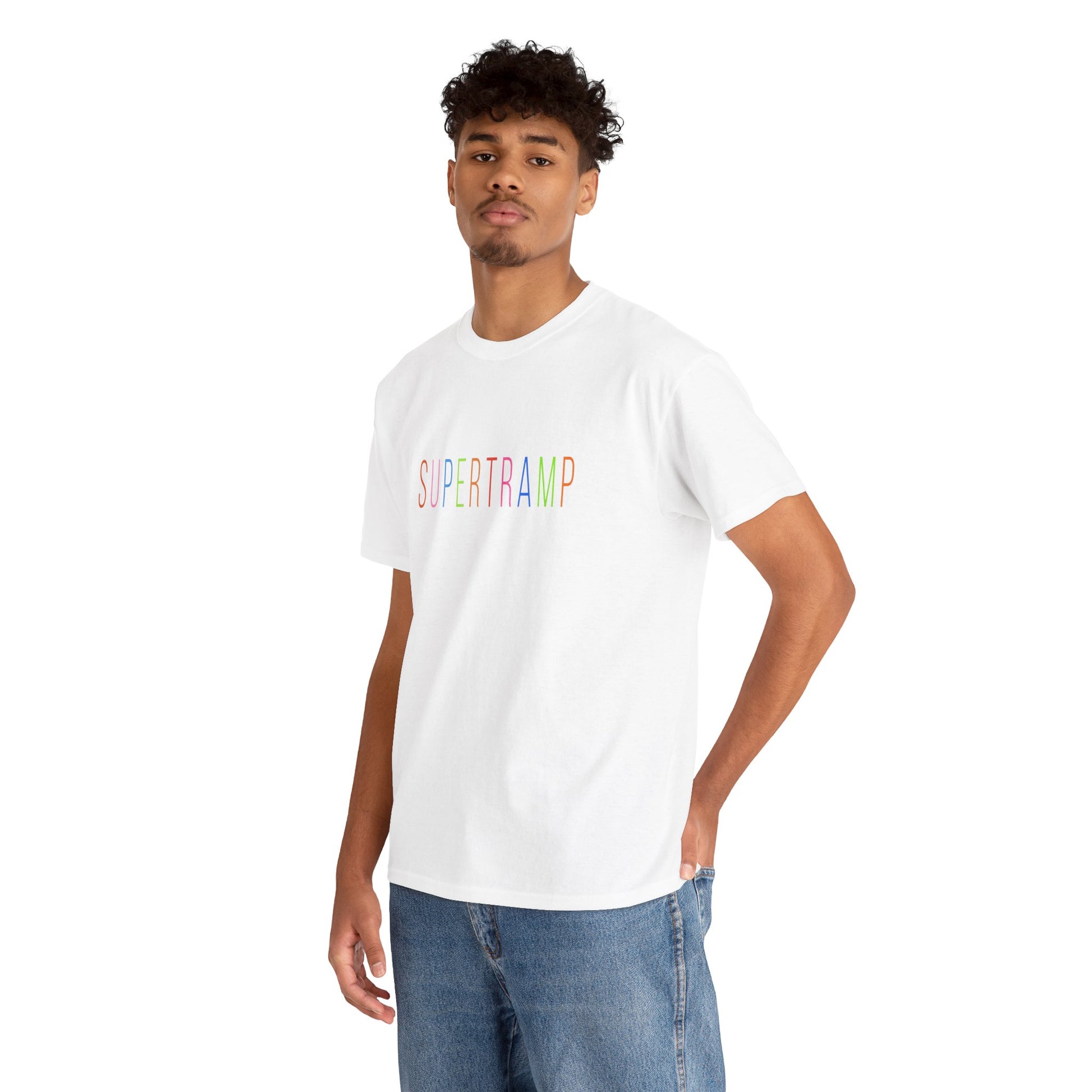 Model wearing white Supertramp unisex t-shirt with rainbow logo.