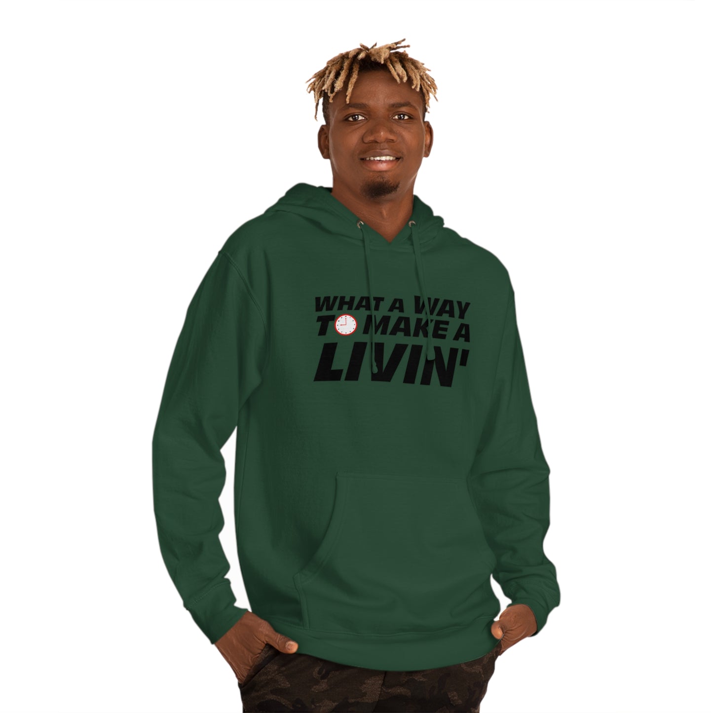 Male model wearing dark green 9 to 5 hoodie