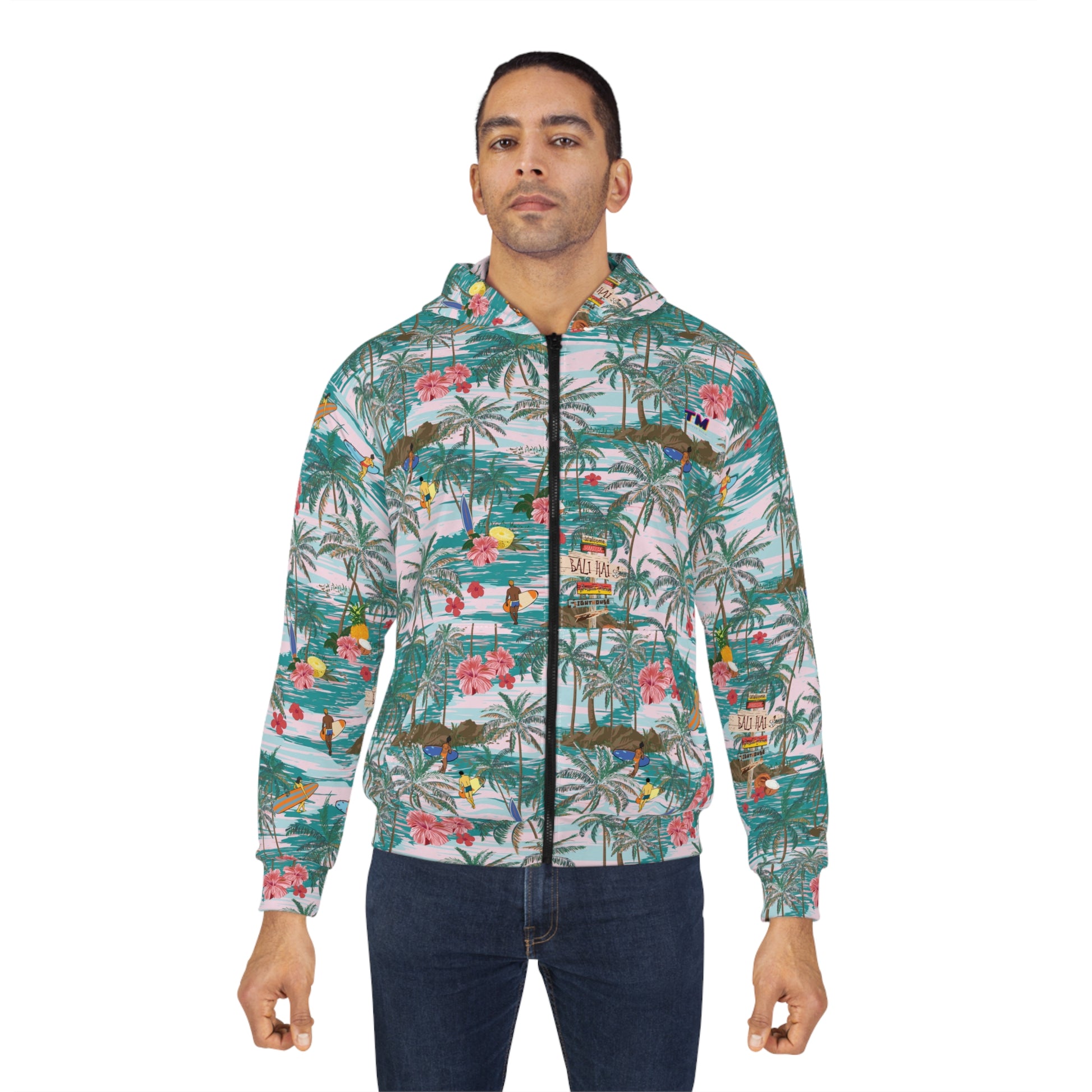Male model standing in Hawaiian Zip Hoodie with tropical design.