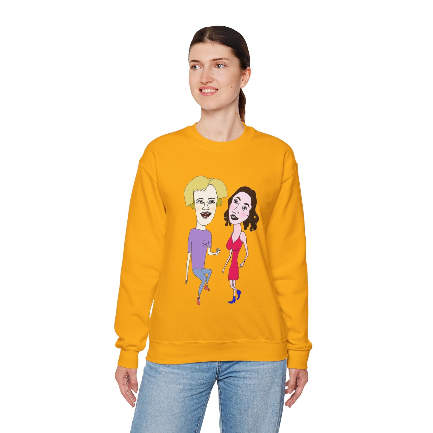 Woman modeling yellow Lily and Matthew sweatshirt.